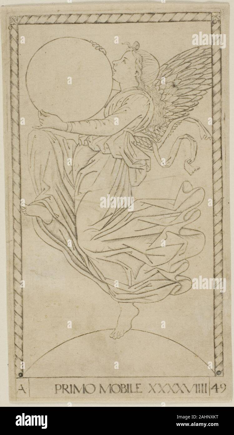 Maître de l'E-Series Tarocchi. L'Ange de la neuvième Sphère, ou Primum Mobile, à partir de la plaque 49 planètes et sphères. 1460-1470. L'Italie. Gravure en noir sur papier vergé beige la noblesse Ferrara utilisé ces cartes flash, dont l'énigmatique de l'identité de gravure n'est pas connu, de précepteur de leurs enfants dans la structure du monde et le plus grand cosmos. Des visuels d'un mendiant à Dieu lui-même, les cinquante cartes dans chaque groupe ont été répartis en cinq groupes, et la situation des hommes, Apollon et les muses, les arts et les sciences, et les vertus, Genii et les planètes et les sphères. L'ange avec Banque D'Images