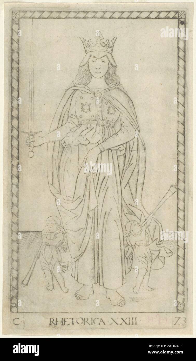 Maître de l'E-Series Tarocchi. La rhétorique, de la plaque 23 Arts et Sciences. 1460-1470. L'Italie. Gravure en noir sur papier vergé ivoire le pont de cinquante soi-disant Tarocchi tarots ne sont pas dans le bon sens, la divination, ils n'étaient pas conçu comme un jeu de cartes. Pas de réduction des impressions monté pour jouer sont connus, et ils n'ont pas le nombre de costumes et un pont ordinaire. Au lieu de cela, ces allégories didactique délicatement gravé sont regroupés en cinq rangs numérotée décrivant le fonctionnement des sphères de l'homme, les muses, les arts libéraux, le cosmos, et les cieux par ordre croissant d'importance, Banque D'Images