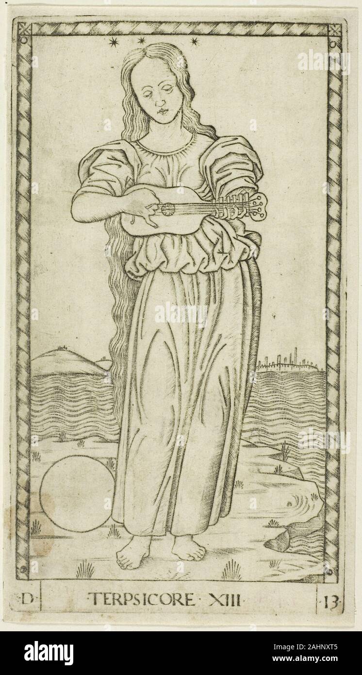 Maître de l'E-Series Tarocchi. Terpsichore, 13 à partir de la plaque d'Apollon et les Muses. 1460-1470. L'Italie. Gravure sur papier le pont de cinquante soi-disant Tarocchi tarots ne sont pas dans le bon sens, la divination, ils n'étaient pas conçu comme un jeu de cartes. Pas de réduction des impressions monté pour jouer sont connus, et ils n'ont pas le nombre de costumes et un pont ordinaire. Au lieu de cela, ces allégories didactique délicatement gravé sont regroupés en cinq rangs numérotée décrivant le fonctionnement des sphères de l'homme, les muses, les arts libéraux, le cosmos, et les cieux par ordre croissant d'importance, et l'off Banque D'Images
