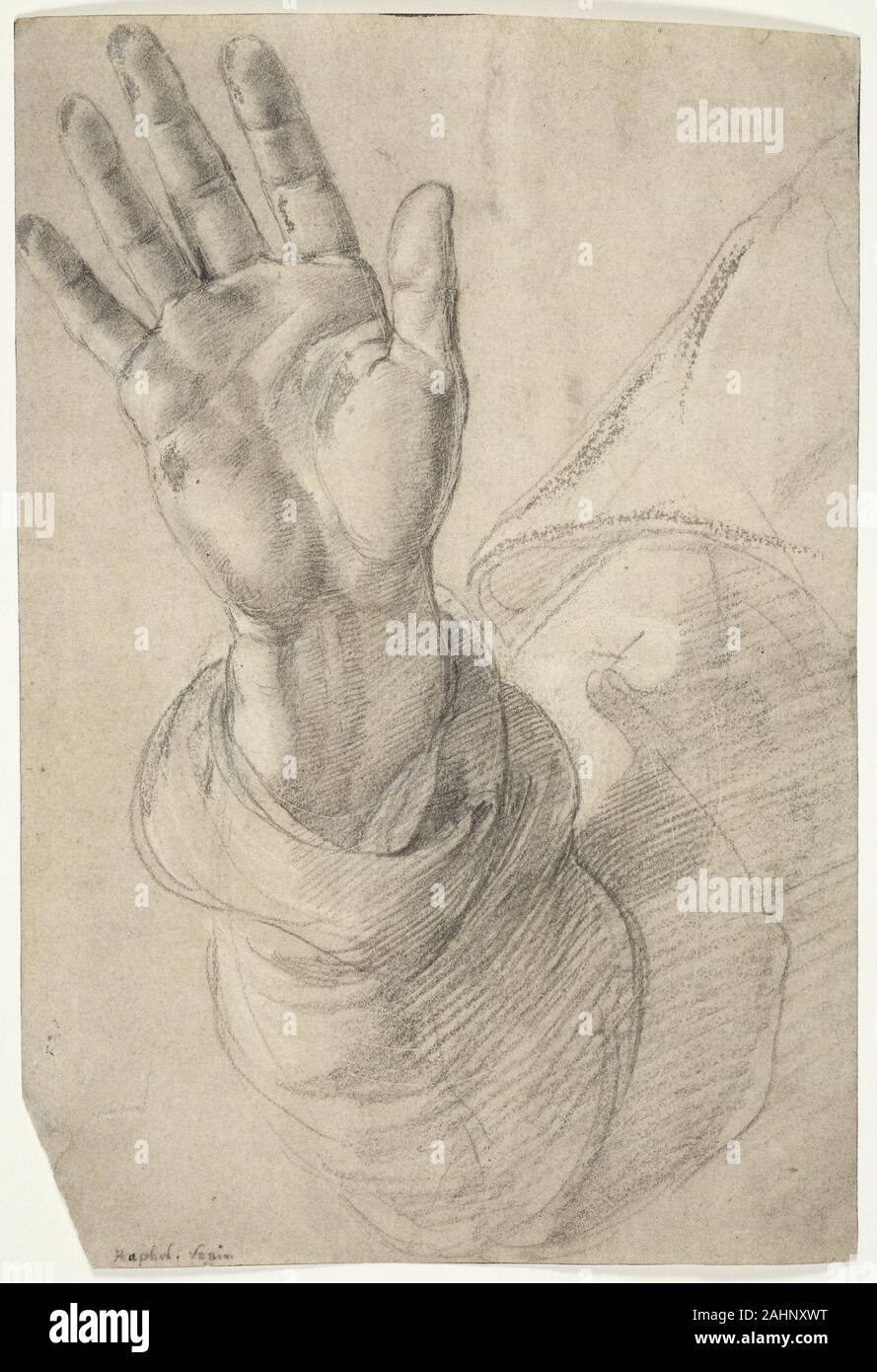 Raphael. Élevé Main Droite, paume vers l'extérieur pour l'étude de Saint Pierre. 1518-1520. L'Italie. Craie noire, rehaussée de craie blanche et le blanc de plomb, partiellement oxydés, plus de stylet underdrawing, sur papier vergé crème l'attribution traditionnelle pour Raphael de ce long silence et dessin inédit a été récemment confirmé par Konrad Oberhuber, Paul Joannides, et Nicholas Turner (en conversation, 1995-1996) qui ont tous convenu qu'il devrait être datée du 1518/20, à la toute fin de la carrière de Raphaël. Dans l'image représentée, ainsi que son support, la technique et le style, le dessin rela Banque D'Images
