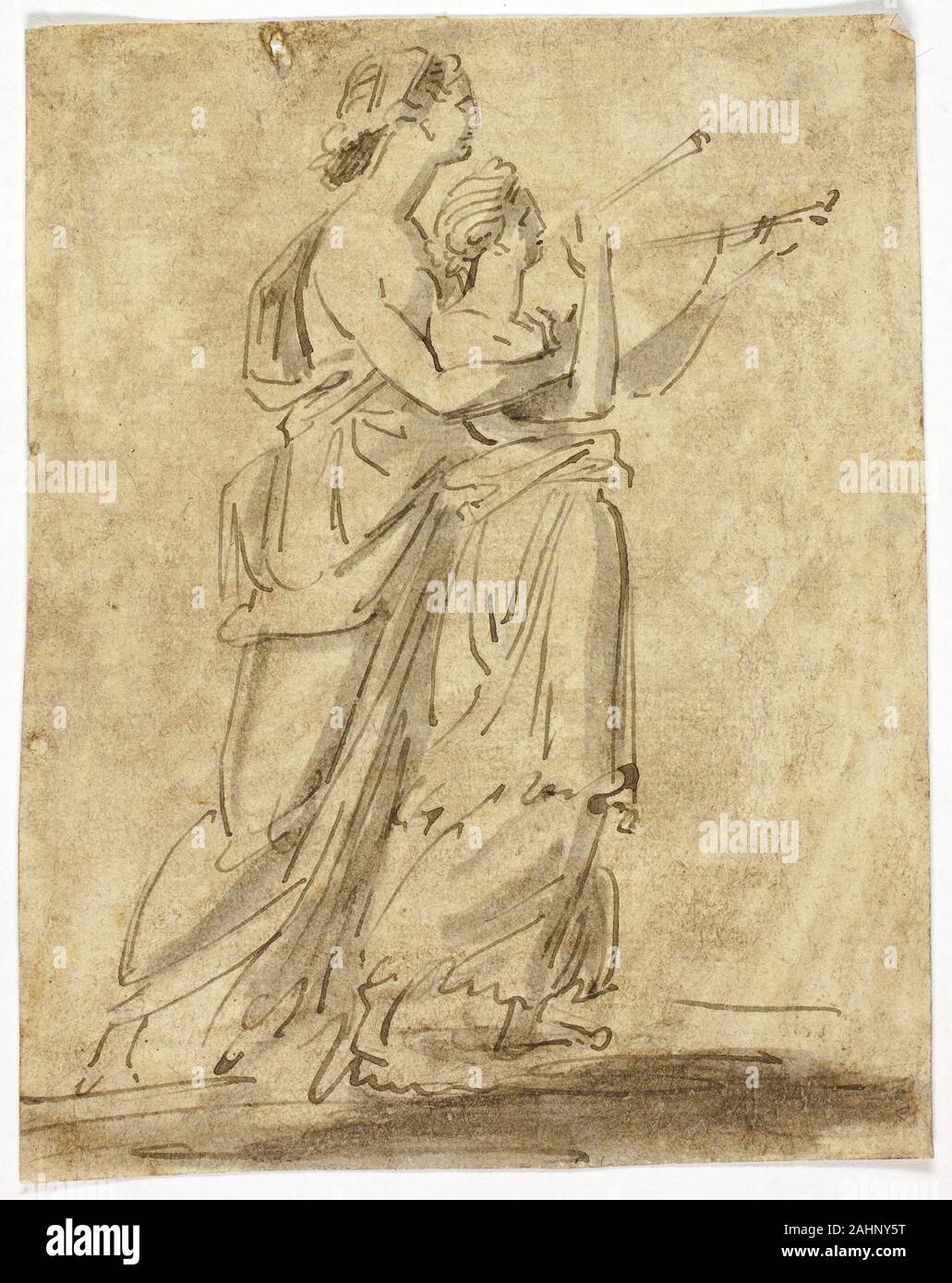 Deux figures féminines classiques. 1800-1899. La France. Plume et encre brune, avec brosse de lavage et gris, sur papier vergé teinté marron Banque D'Images