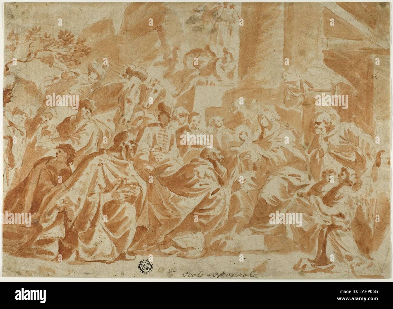 L'École de Peter Paul Rubens. Adoration des Mages. De 1600 à 1699. La Flandre. Craie rouge et la brosse de lavage et de craie rouge, plus de traces de craie noire, sur papier vergé ivoire Banque D'Images