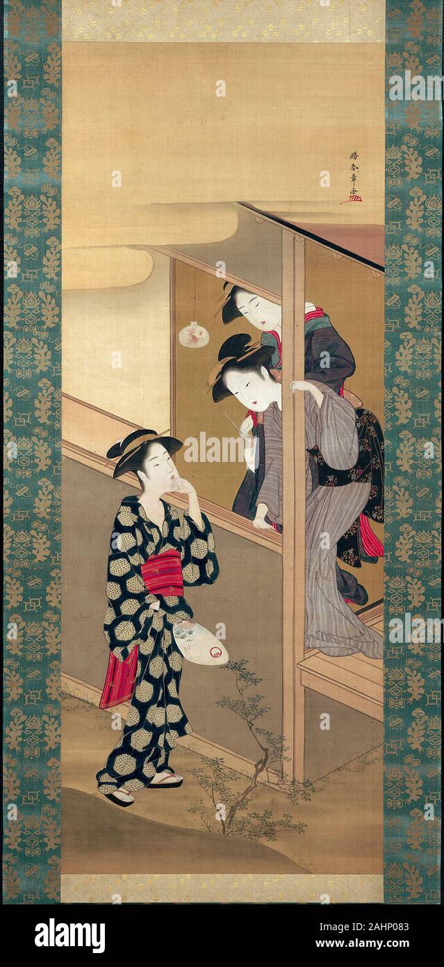 Katsukawa Shunsho. Trois beautés'chat par une véranda. 1790-1800. Le Japon. Défilement pendaison ; l'encre et couleurs sur soie Banque D'Images