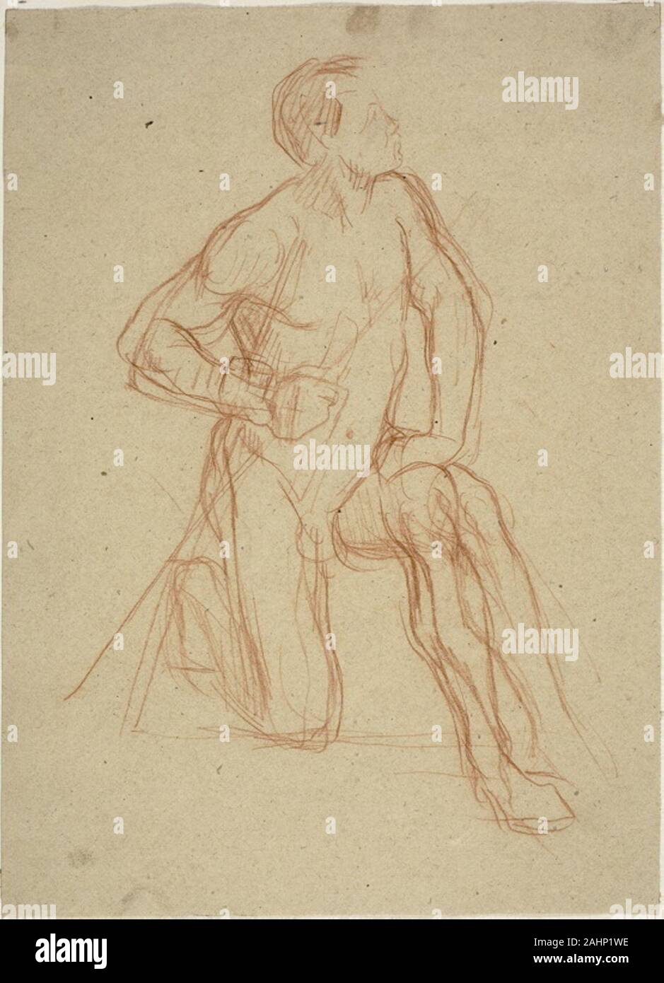 Jules-Élie Delaunay. La Figure masculine de s'agenouiller. 1869-1879. La France. Craie rouge sur papier vélin chamois Banque D'Images