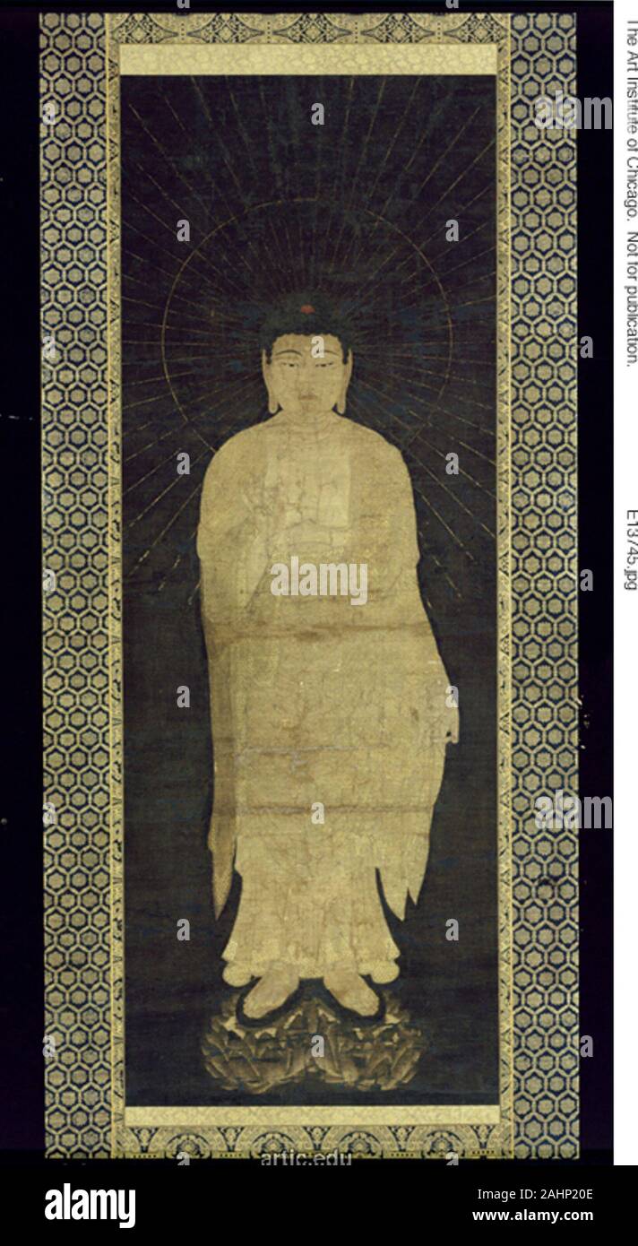 Le Bouddha Amida, à partir de l'approche triptyque de l'Amida Trinité. 1201-1300. Le Japon. Défilement pendaison ; encre, couleurs, coupe et sur la soie d'or Banque D'Images