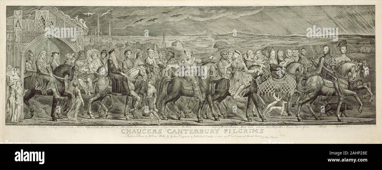 William Blake. Les pèlerins de Canterbury. 1810. L'Angleterre. Gravure en ligne sur papier vergé crème avec ces coeurs pieux fixés sur les pèlerinages médiévaux, mais ces voyages pourraient aussi avoir de l'expérience dans les bourses sociales. Le visionnaire l'artiste anglais William Blake frise énorme contient tous les 29 de Geoffrey Chaucer's turbulent Contes de Canterbury pilgrims, ainsi qu'un portrait de l'auteur lui-même. Dans Chaucer's book, chaque personnage raconte des histoires en passant du temps sur la route de Londres à la Cathédrale de Canterbury, un chemin de pèlerinage qui rivalisait avec le Chemin de Compostelle en Espagne. Blake a consacré des pages Banque D'Images