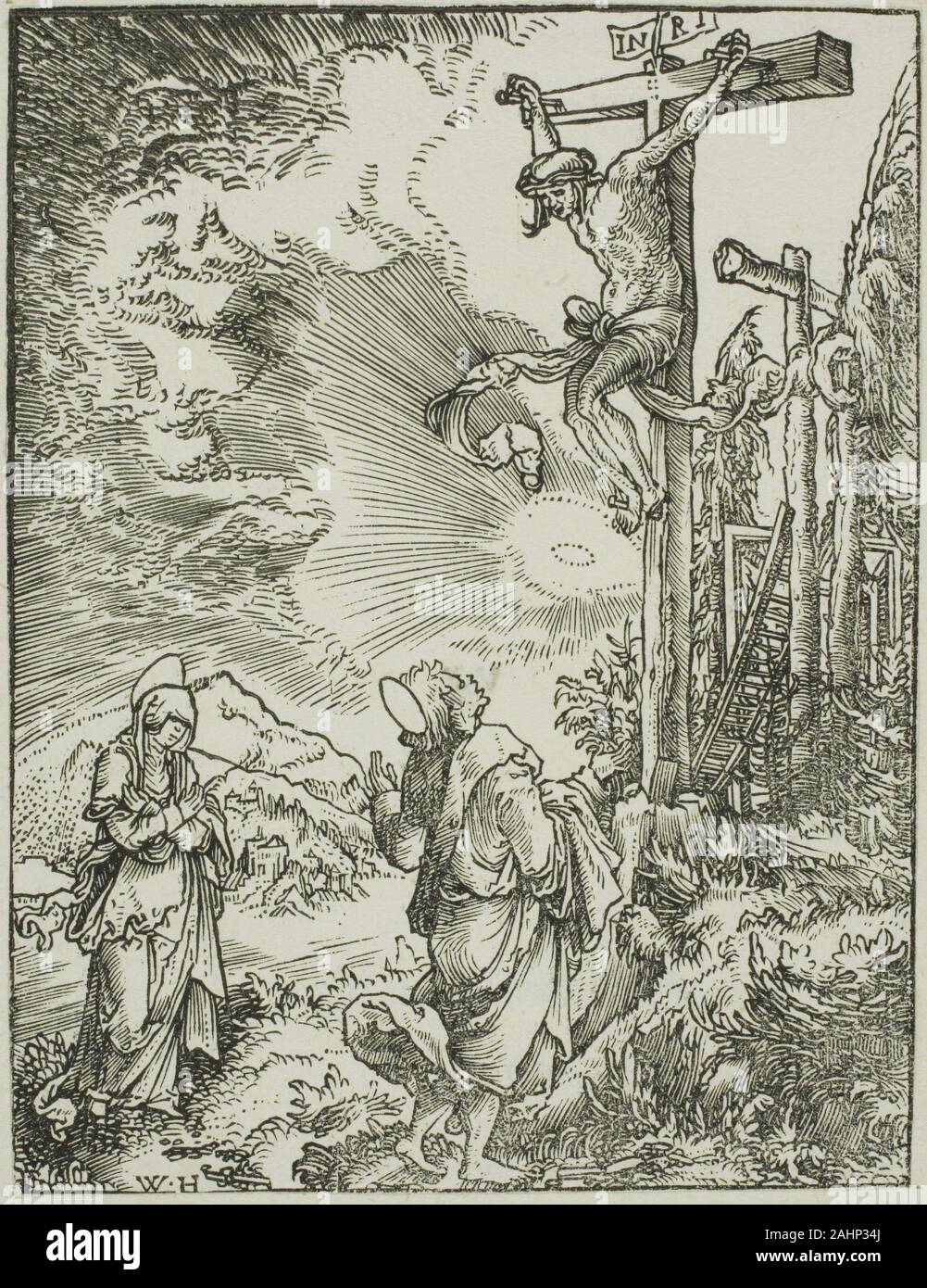 Wolfgang (Wolf) Huber. La grande Crucifixion. 1511-1521. L'Allemagne. Gravure en noir sur papier vergé crème Wolfgang Huber a été membre de l'École du Danube, novatrices et des graveurs peintres de paysages qui ont été actifs dans le Danube en Autriche et dans le sud de l'Allemagne au début du xvie siècle. Cette substitution, Crucifixion scene en alternance arbres avec la croix au Calvaire. La gravure sur bois rend le paysage comme un personnage important comme Jésus, sa mère, et l'apôtre Jean. Le vent peut être vu dans le battement de la pagne et John's Garment, tandis que le coucher de soleil marque la fin o Banque D'Images
