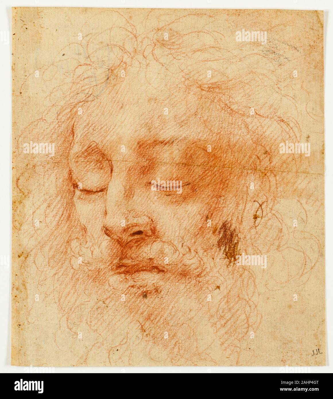 Correggio. Tête d'un homme dormant 1494-1534. L'Italie. Craie rouge avec dessouchage et traces de graphite, sur papier vergé chamois Banque D'Images