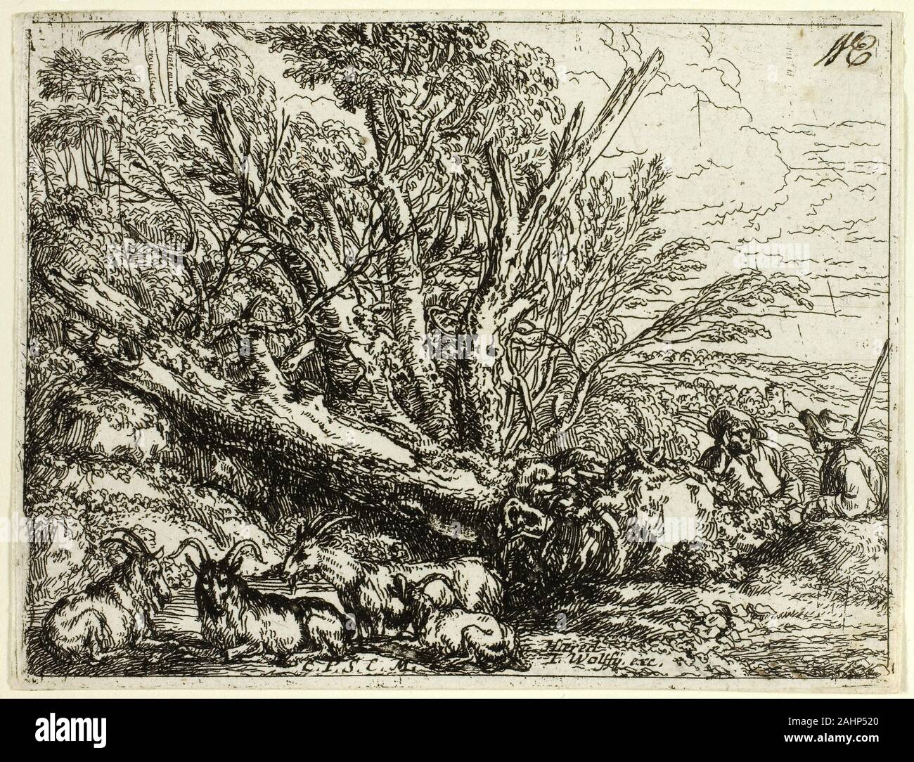 Umbach Jonas, l'aîné. Paysage italien avec des ruines. 1644-1693. L'Allemagne. Eau-forte en noir sur papier vergé ivoire le peintre allemand Umbach Jonas était bien connu à son époque et fréquenté par un grand évêque d'Augsbourg. Il était aussi un graveur prolifique, produisant quelque 300 gravures. Ces travaux viennent d'une série de paysages italiens qu'il a faites au cours d'un voyage en Italie autour de 1648. Umbach's magnifiques arbres et perspectives ont été particulièrement influencé par l'Allemand du 16e siècle par l'École du Danube paysages et œuvres du 17e siècle par le peintre et graveur hollandais Jacob van Ruisdael. Umbach a signé son Banque D'Images