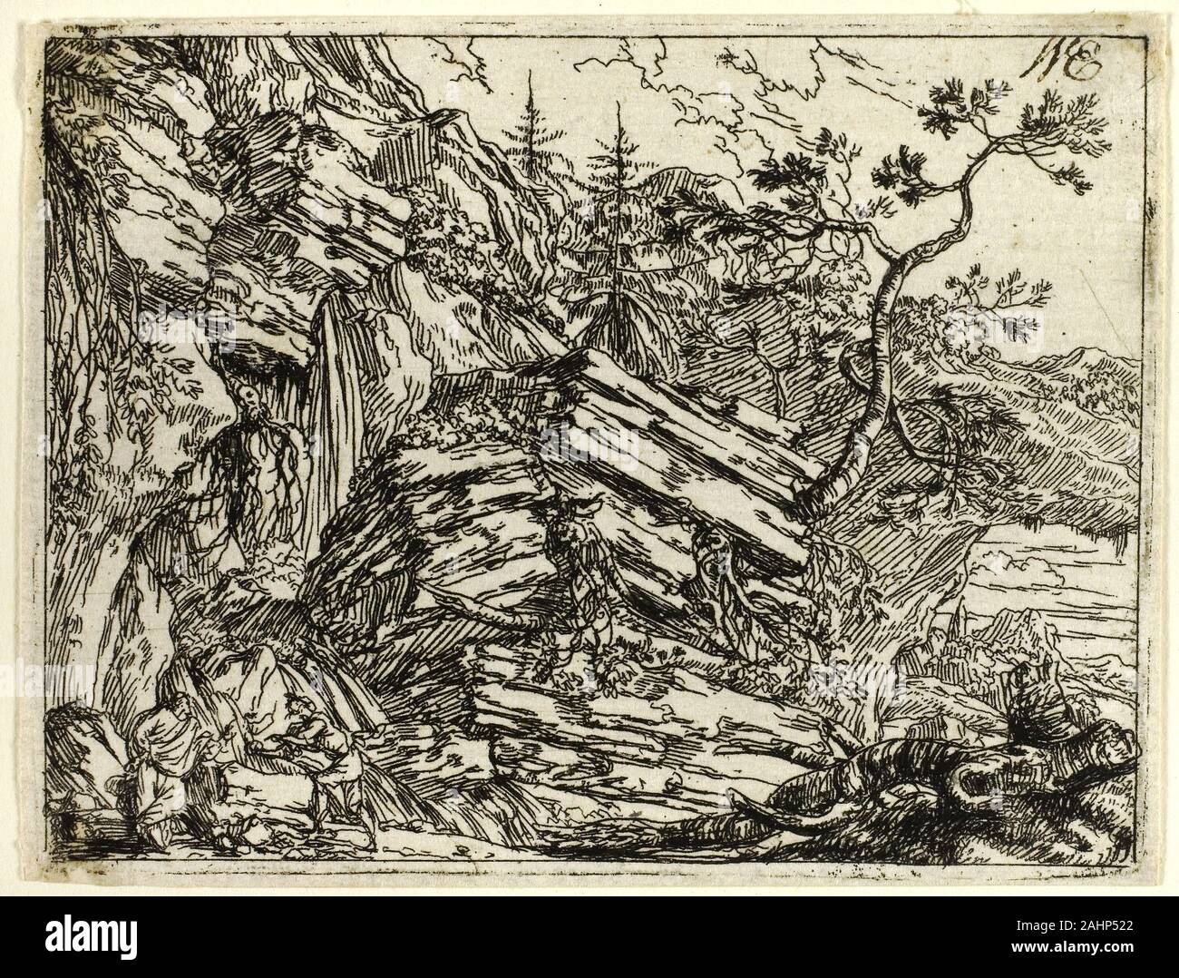 Umbach Jonas, l'aîné. Paysage italien avec des ruines. 1644-1693. L'Allemagne. Eau-forte en noir sur papier vergé ivoire le peintre allemand Umbach Jonas était bien connu à son époque et fréquenté par un grand évêque d'Augsbourg. Il était aussi un graveur prolifique, produisant quelque 300 gravures. Ces travaux viennent d'une série de paysages italiens qu'il a faites au cours d'un voyage en Italie autour de 1648. Umbach's magnifiques arbres et perspectives ont été particulièrement influencé par l'Allemand du 16e siècle par l'École du Danube paysages et œuvres du 17e siècle par le peintre et graveur hollandais Jacob van Ruisdael. Umbach a signé son Banque D'Images