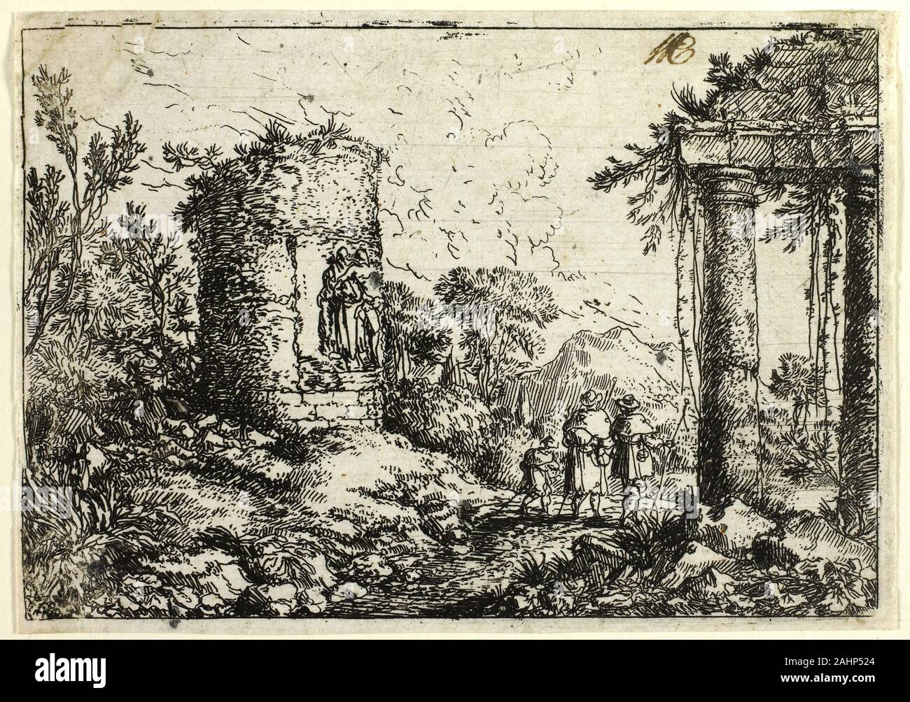 Umbach Jonas, l'aîné. Paysage italien avec des ruines. 1644-1693. L'Allemagne. Eau-forte en noir sur papier vergé ivoire le peintre allemand Umbach Jonas était bien connu à son époque et fréquenté par un grand évêque d'Augsbourg. Il était aussi un graveur prolifique, produisant quelque 300 gravures. Ces travaux viennent d'une série de paysages italiens qu'il a faites au cours d'un voyage en Italie autour de 1648. Umbach's magnifiques arbres et perspectives ont été particulièrement influencé par l'Allemand du 16e siècle par l'École du Danube paysages et œuvres du 17e siècle par le peintre et graveur hollandais Jacob van Ruisdael. Umbach a signé son Banque D'Images