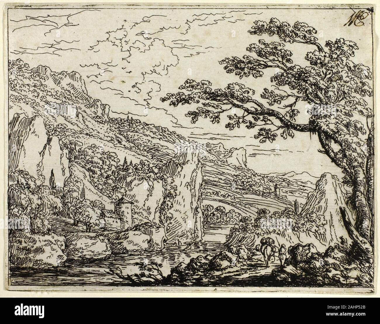 Umbach Jonas, l'aîné. Paysage italien avec des ruines. 1644-1693. L'Allemagne. Eau-forte en noir sur papier vergé ivoire le peintre allemand Umbach Jonas était bien connu à son époque et fréquenté par un grand évêque d'Augsbourg. Il était aussi un graveur prolifique, produisant quelque 300 gravures. Ces travaux viennent d'une série de paysages italiens qu'il a faites au cours d'un voyage en Italie autour de 1648. Umbach's magnifiques arbres et perspectives ont été particulièrement influencé par l'Allemand du 16e siècle par l'École du Danube paysages et œuvres du 17e siècle par le peintre et graveur hollandais Jacob van Ruisdael. Umbach a signé son Banque D'Images