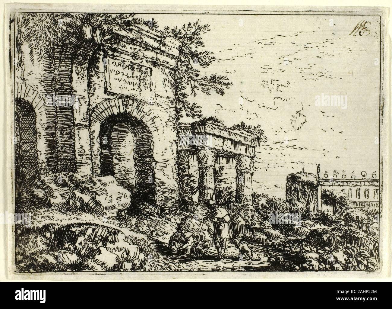 Umbach Jonas, l'aîné. Paysage italien avec des ruines. 1644-1693. L'Allemagne. Eau-forte en noir sur papier vergé ivoire le peintre allemand Umbach Jonas était bien connu à son époque et fréquenté par un grand évêque d'Augsbourg. Il était aussi un graveur prolifique, produisant quelque 300 gravures. Ces travaux viennent d'une série de paysages italiens qu'il a faites au cours d'un voyage en Italie autour de 1648. Umbach's magnifiques arbres et perspectives ont été particulièrement influencé par l'Allemand du 16e siècle par l'École du Danube paysages et œuvres du 17e siècle par le peintre et graveur hollandais Jacob van Ruisdael. Umbach a signé son Banque D'Images