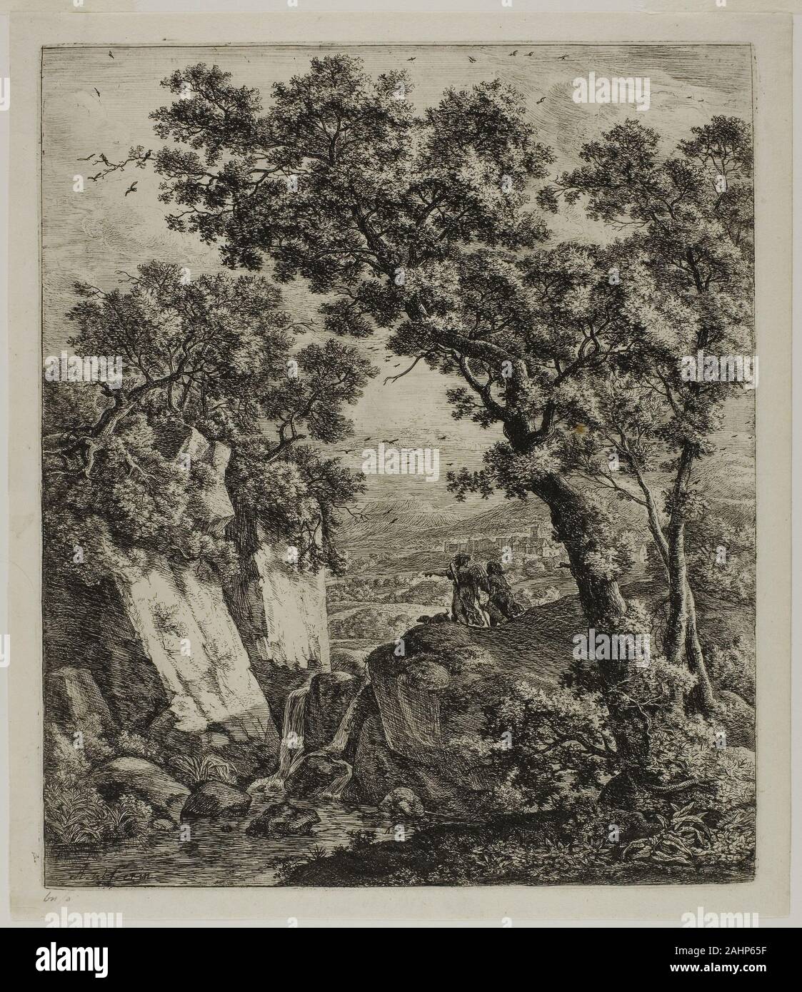 Anthonie Waterloo. Tobias et l'Ange, de six sujets paysage de l'Ancien Testament. 1601-1700. La Hollande. Eau-forte sur papier Anthonie Waterloo était un artiste autodidacte de Lille qui se sont installés aux Pays-Bas en 1640. Il est connu pour ses paysages animés, créé avec de forts accents de lumière et de formes solides. Ce charmant imprimer a été l'un des six paysages traitant des sujets de l'Ancien Testament créé par Waterloo. Banque D'Images