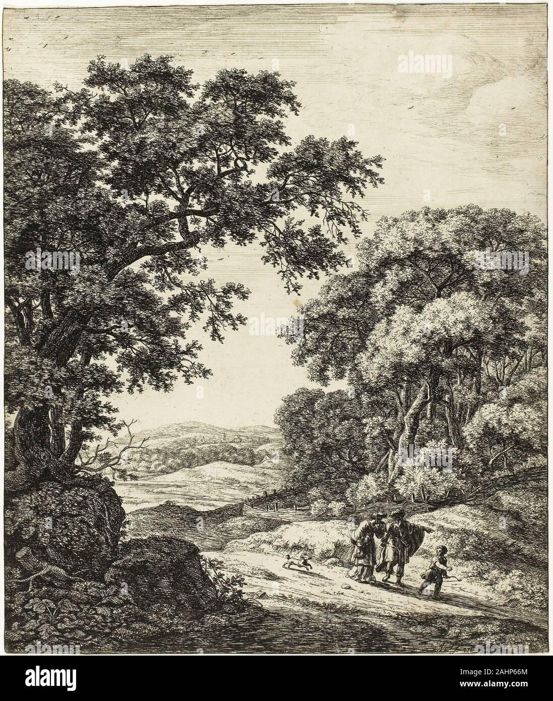 Anthonie Waterloo. Le départ d'agar, de six sujets paysage de l'Ancien Testament. 1650-1660. La Hollande. Eau-forte sur papier semblable à Antoni Waterlo's Elias dans le désert de la même série, cette gravure de l'artiste affiche une excellente tenue de route des paysages. Les arbres non seulement inclure la composition, mais aussi aider à guider le spectateur à la scène biblique nichée à l'intérieur d'eux. Agar et Ismaël, son fils, sont chassés dans le désert par Ismaël son propre père, Abraham. Étend son bras, Abraham envoie la mère et l'enfant à leur sort avec rien mais un peu de pain et d'eau. Banque D'Images