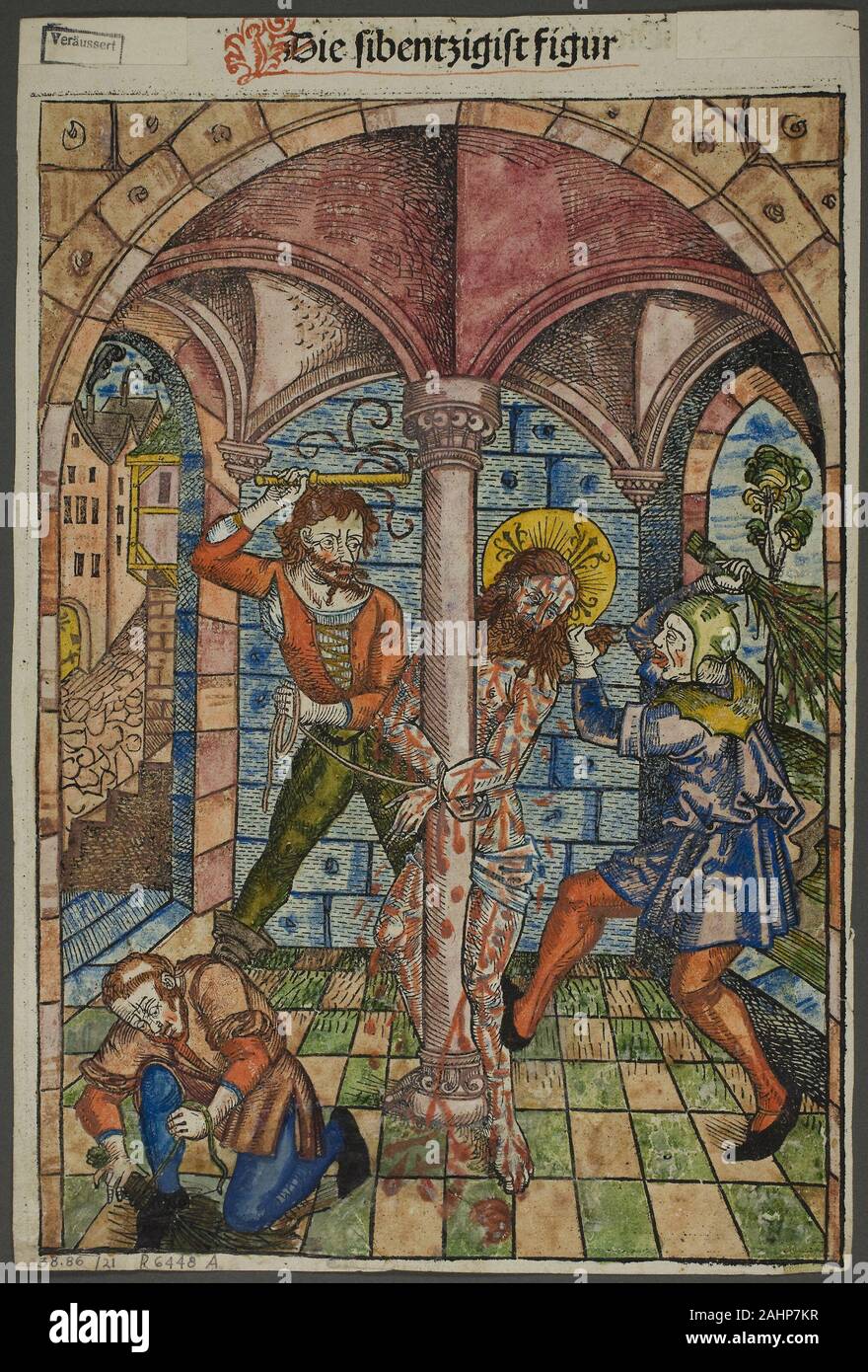 Michel Wolgemut. La flagellation du Christ (verso), et les israélites esclaves en Égypte (recto), de Schatzbehalter (Conseil du Trésor), la plaque de 21 gravures sur bois dans les livres de la 15e siècle. 1491. L'Allemagne. Gravure sur bois en noir avec la main, les acquisitions et la typographie en noir avec rubrication (recto et verso) sur papier vergé ivoire Michael Wolgemut dirigé un atelier d'occupation dans la région de Nuremberg qui s'est avérée de nombreuses peintures, des illustrations de livres, et de maîtres. Le Conseil du Trésor (Schatzbehalter) inclus près d'une centaine de gravures sur bois en pleine page avec un minimum de répétition. Les blocs étaient probablement couper en interne u Banque D'Images