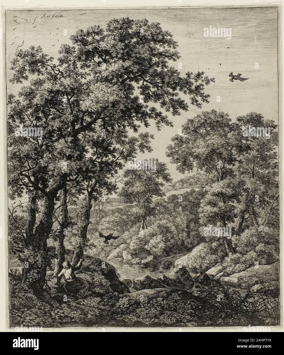 Anthonie Waterloo. Elias dans le désert, paysage de six sujets de l'Ancien Testament. 1629-1690. La Hollande. Gravure sur papier en documents historiques notice Antoni Waterlo avant tout comme un peintre, aujourd'hui, il est surtout connu comme graveur. Waterlo était considéré comme un maître en montrant les arbres, comprendre leurs structures comme certains artistes ont fait le squelette humain. Cette impression a le prophète Élie seul près de la rivière Jordanie impopulaire après son annonce de l'imminence d'une sécheresse l'ont forcé à quitter le royaume de Samarie. Les corbeaux lui apporter du pain et de la viande, de l'accomplissement de la promesse de Dieu pour nourrir son Banque D'Images