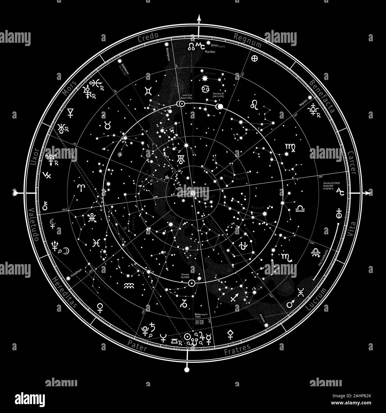 Signe Astro carte céleste de l'hémisphère Nord. L'Horoscope universel mondial le 1 janvier, 2020 (00:00 GMT). Banque D'Images