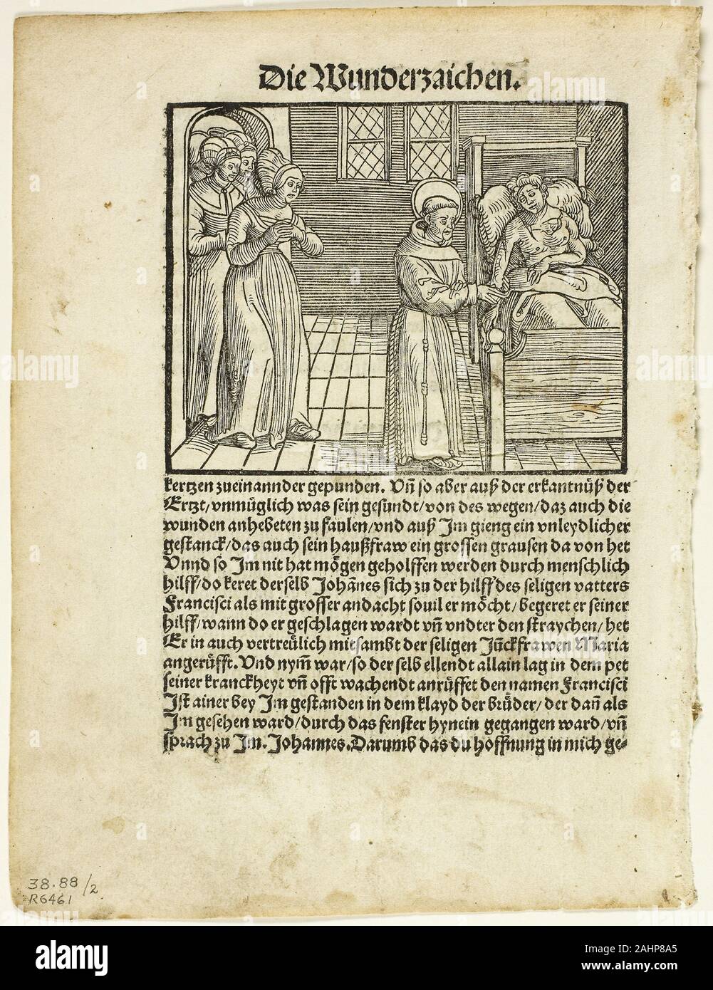 Jérôme Höltzel (Imprimante). Saint François guérit les graves blessures d'un John à Lerida, deux plaques de gravures sur bois dans les livres du xvie siècle. 1512. L'Allemagne. Gravure sur bois sur papier Banque D'Images