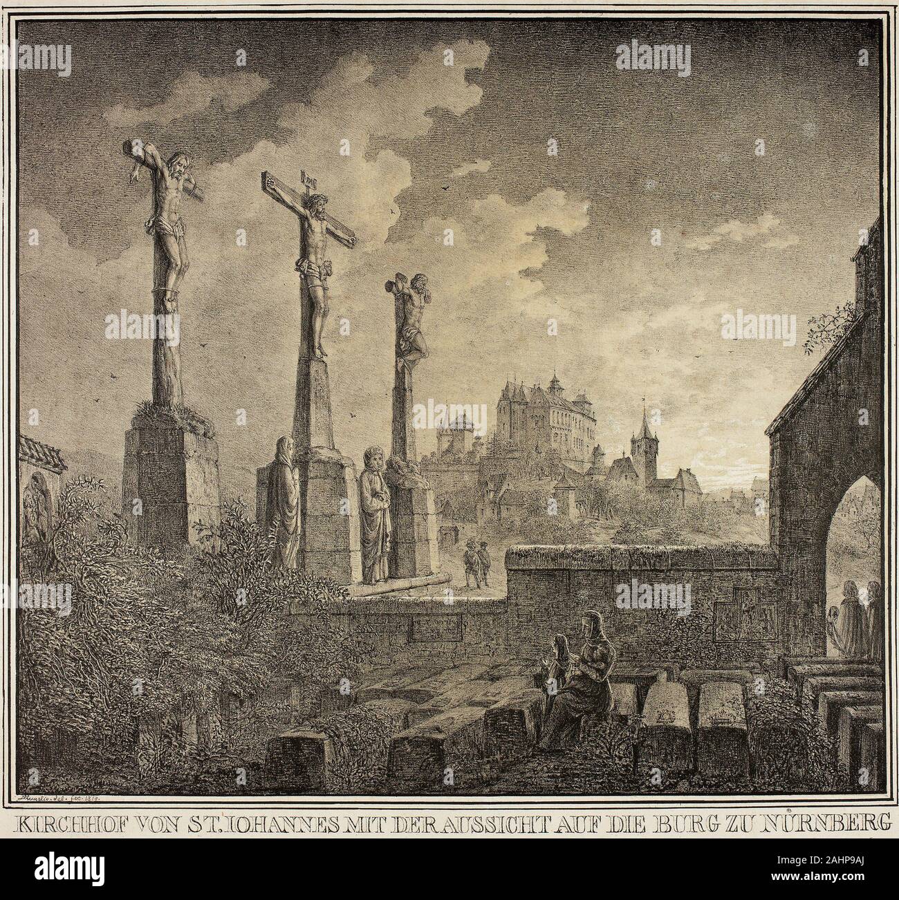 Domenico Quaglio. Le cimetière de Saint John en vue de la ville de Nuremberg, à partir de la collection de bâtiments médiévaux mémorable en Allemagne. 1819. L'Allemagne. Lithographie en noir, avec Pierre de teinte en brun clair, sur papier vergé crème méditations sur la mortalité et l'Allemagne de l'histoire de l'art du passé se rassemblent dans la vue de Quaglio évocateur Johannisfriedhof, le cimetière qui a servi la ville impériale de Nuremberg au xvie siècle. Albrecht Dürer, un idole romantique allemand, était le plus célèbre artiste enterré là. Le groupe de la crucifixion monumentale a été conçu par le sculpteur de Nuremberg en Kraft Adam Banque D'Images