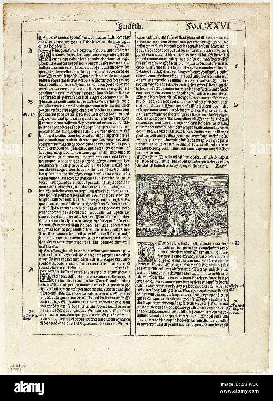 Snyders Frans (genre Hans. Judith et sa servante en plaçant la tête de Holopherne dans un sac à partir de la Biblia Latina, la plaque de six gravures sur bois dans les livres du xvie siècle. 1522. L'Allemagne. Gravure sur bois sur papier Banque D'Images