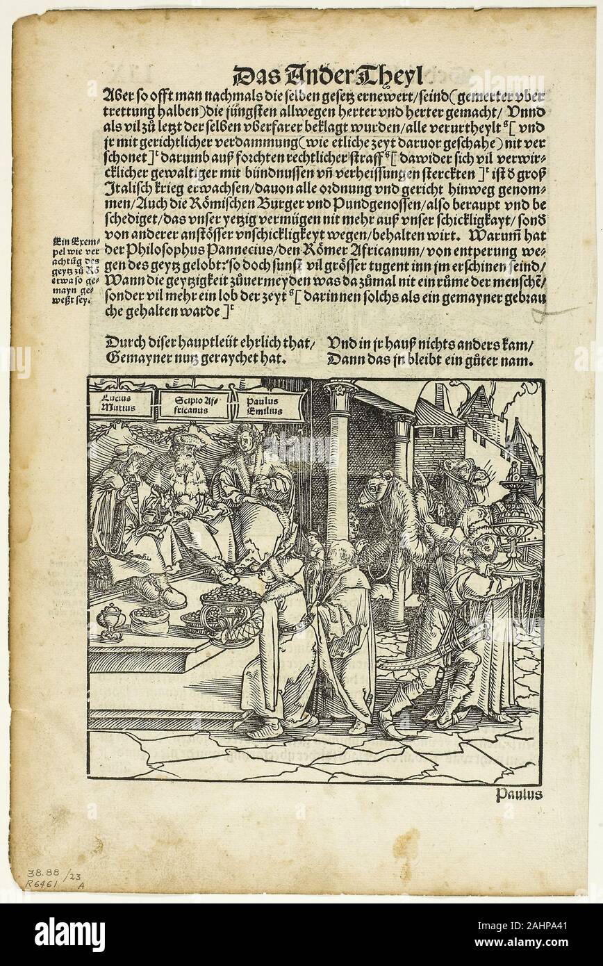 Hans Weiditz, II. Lucius Mutius, Scipio africanus, et Paulus Aemilius (recto) Scène de bataille (verso) de l'officia M.T.C., 23 gravures sur bois à partir de la plaque de livres du xvie siècle. 1531. L'Allemagne. Gravure sur bois sur papier Banque D'Images