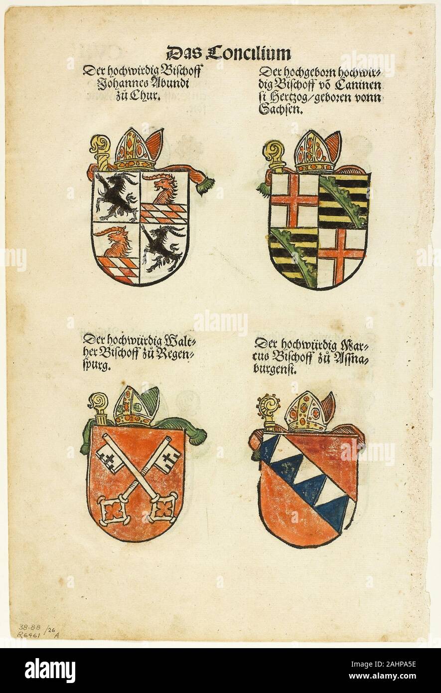 Jörg Breu, I. armoiries des évêques (recto et verso) de Das Concilium ainsi zu Constantz, plaque de 26 gravures sur bois dans les livres du xvie siècle. 1536. L'Allemagne. À la main, gravure sur bois sur papier Banque D'Images