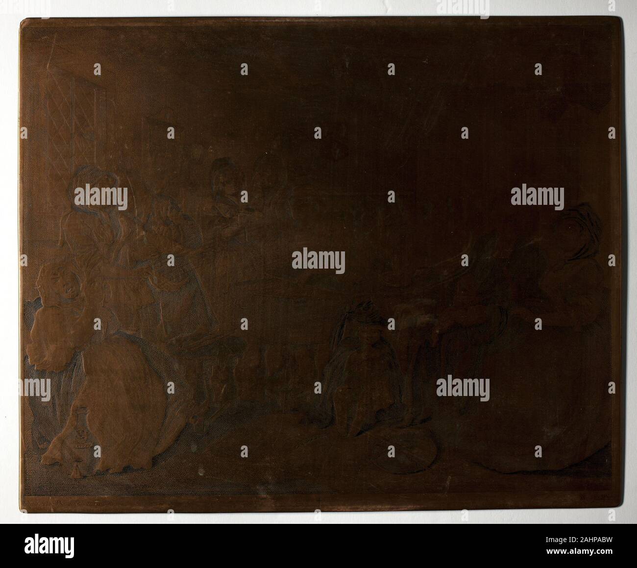William Hogarth. 6 plaque, à partir d'une prostituée. 1732. L'Angleterre. Hogarth sur cuivre gravé ces six plaques de cuivre (1964.254-59) avec un burin, un outil métallique utilisé pour inciser l'enflure lines directement sur une surface en cuivre aplati. Il a travaillé en sens inverse de la finale de l'impression d'images, qui ont été produites par l'encrage les plaques et leur exécution par le biais d'une presse à rouleaux avec feuilles de papier sur le dessus. La petite croix en bas de chaque plaque a été ajouté lorsque Hogarth a publié le deuxième état, a publié plus de dix ans après la première édition, beaucoup copié. Les impressions sur voir à proximité sont début de s Banque D'Images