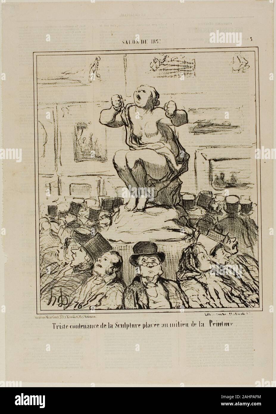 Honoré-Victorin Daumier. Le mécontentement d'une sculpture placée au milieu d'une exposition de peintures, planche 5 de Salon de 1857. 1857. La France. Lithographie en noir sur vélin chamois, avec la police de caractère, verso Banque D'Images