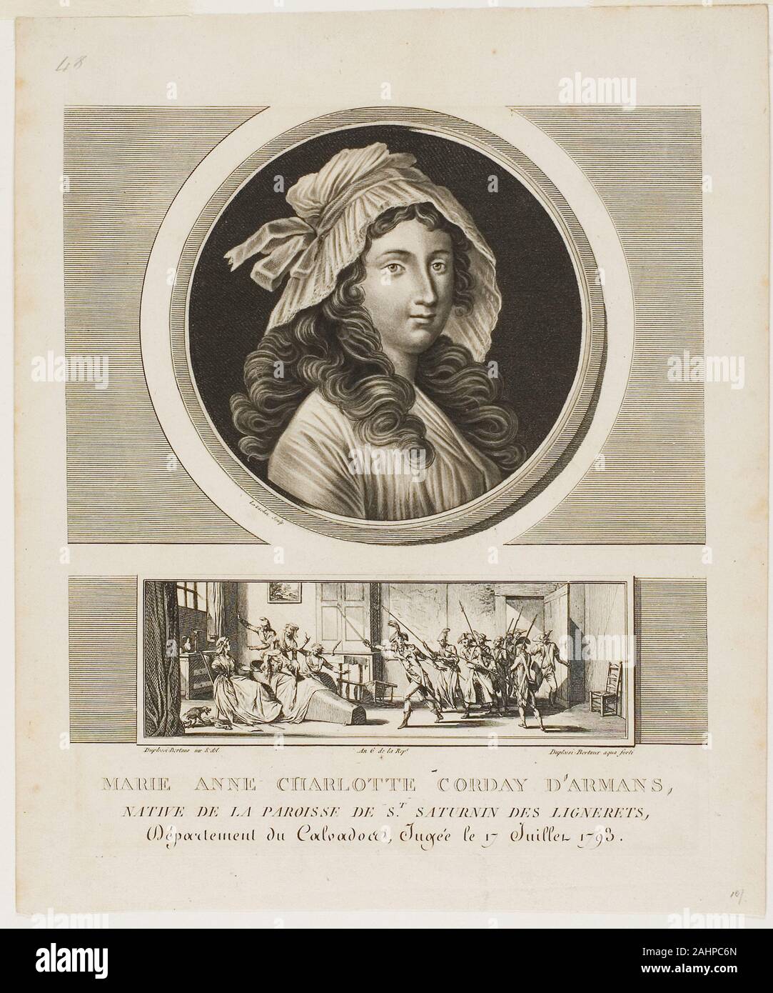 Jean Duplessis-Bertaux. Marie Anne Charlotte Corday d'Armans, à partir de tableaux historiques de la Révolution française, volume III. 1793. La France. La gravure et la gravure sur ivoire crépi papier prévue avec la Chine Chine collé sur papier vélin ivoire Duplessi-Bertaux a été un élève de Joseph Marie Vien, un artiste qui a fait un certain nombre de gravures sur la Révolution française et les déplacements du en raison de Choiseul. Levachez et son fils ont été graveurs, ainsi que les marchands, qui connaissait le goût de leur public. Duplessi-Bertaux et bien meublé Vernet de leurs sujets. Banque D'Images