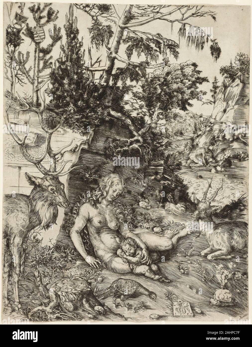 Lucas Cranach, l'Aîné. La pénitence de saint Jean Chrysostome. 1509. L'Allemagne. Gravure en noir sur papier vergé ivoire peintre de la cour du duc de Saxe à Wittenberg, Cranach est devenu un créateur prolifique, apothicaire, conseiller politique et religieux, et de propagande pour la cour. C'est le plus important de Cranach gravure, dans un rare, début de l'impression. Il illustre la légendaire remords du grand 4ème siècle, évêque de Constantinople, qui a succombé à l'attrait de la fille de l'empereur puis erra le désert dans la pénitence. Banque D'Images