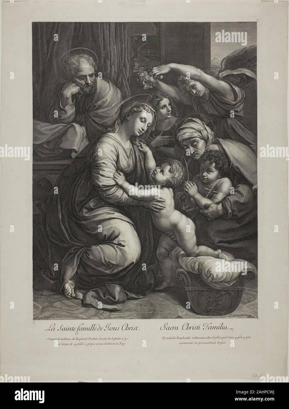 Gérard Edelinck. Sainte Famille de Jésus Christ. 1660-1707. La France. Gravure sur bois sur papier crème Banque D'Images