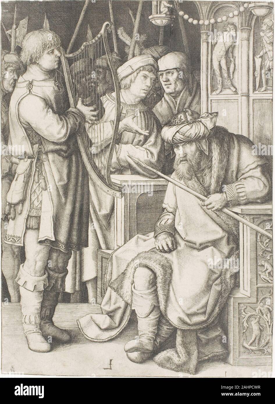 Lucas van Leyden. David jouant de la Harpe devant Saül. 1503-1513. Aux Pays-Bas. Gravure en noir sur papier vergé ivoire selon le livre de Samuel, un "mauvais esprit de l'Éternel" en proie le roi Saül, faisant de lui l'agitation et de peur de la persécution. Parce que la musique a été pensé pour avoir un effet thérapeutique, le roi appela le héros et David Guerrier, qui était reconnu pour sa compétence avec la harpe. Dans cette scène de drame psychologique intense, David tente d'apaiser le roi en difficulté. Lucas van Leyden révèle Saul, fragile en représentant de l'état mental lui assis, raide, recroquevillé sur une chaise, étroitement cl Banque D'Images