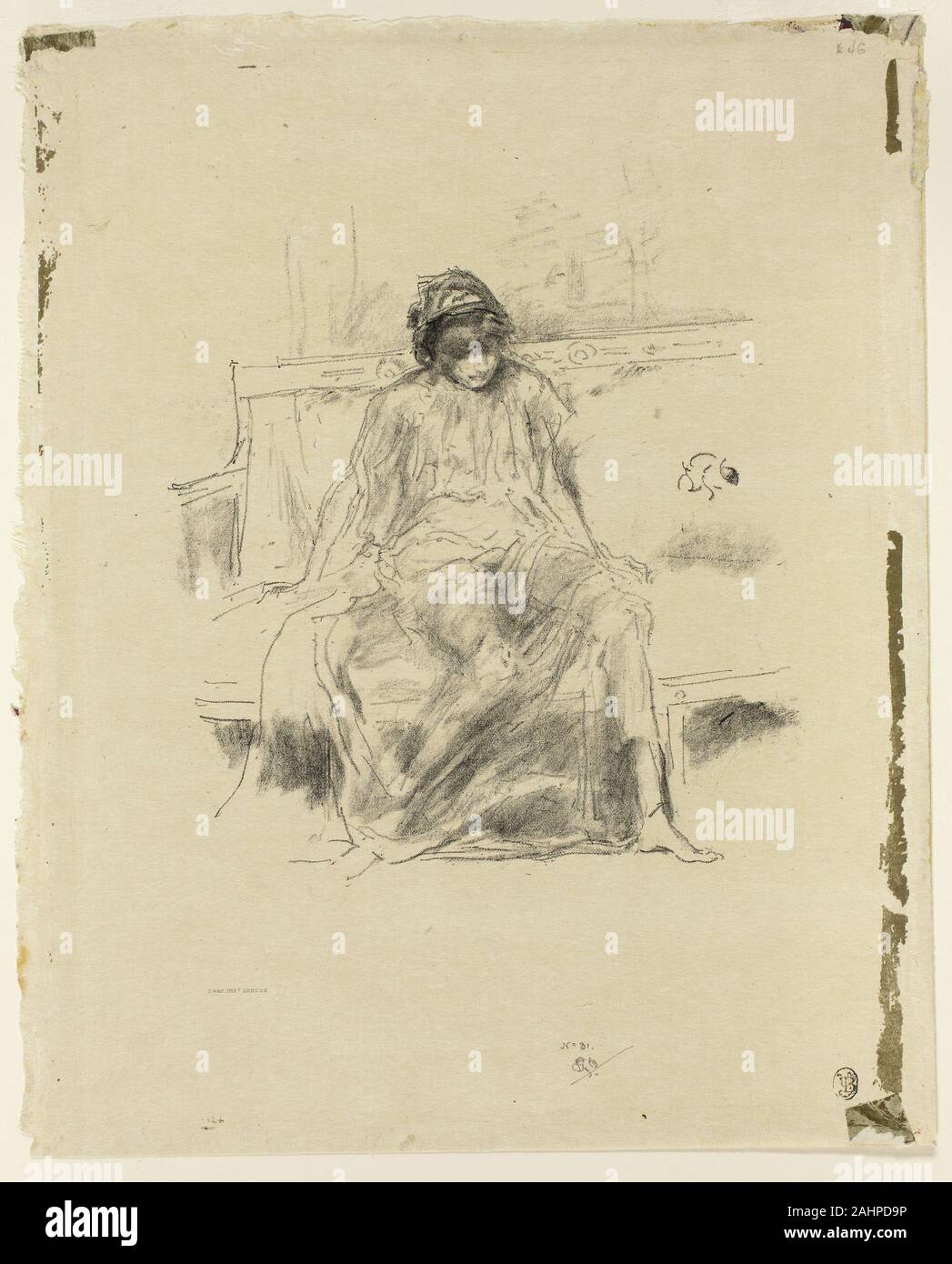 James McNeill Whistler. La Figure drapée, assise. 1893. United States. Lithographie en noir grisâtre de transfert sur papier japonais tan-italienne née Carmen Rossi a commencé à poser pour Whistler à Paris en 1892. Réputé pour être l'objet de ce transfert lithographie, Rossi modélisées pour Whistler autres estampes, dessins, et peintures et, de 1898 à 1901, couru Académie Carmen, une école d'art l'artiste établi pour elle. Au cours des années 1890, Rossi a également posé pour les étudiants à l'Académie Julian et à l'artiste américaine Alice Pike Barney, qui étudie à l'Académie Carmen. Banque D'Images