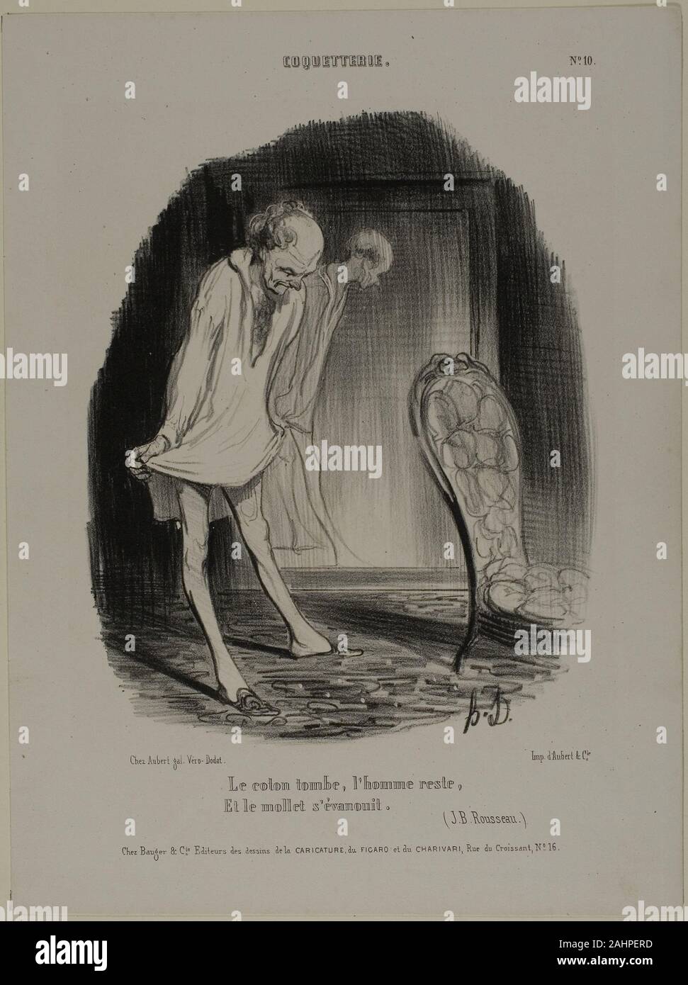 Honoré-Victorin Daumier. La robe de coton tombe, l'homme reste, et le veau s'efface (J.B. Rousseau), la plaque 10 de coquetterie. 1840. La France. Lithographie en noir sur papier vélin blanc cassé que l'exposition l'impressionnisme, la mode, et de la modernité le démontre, les femmes à la fin du 19e siècle ont été régulièrement définis par leur tenue. Vêtements, maquillage, accessoires et de foire reflète non seulement un statut social de la femme, mais aussi son caractère et la moralité. Justine de jeune chercheur a observé de l'époque, "s'habiller à la mode et de bon goût est ainsi devenue l'une des préoccupations centrales d'un bourge Banque D'Images