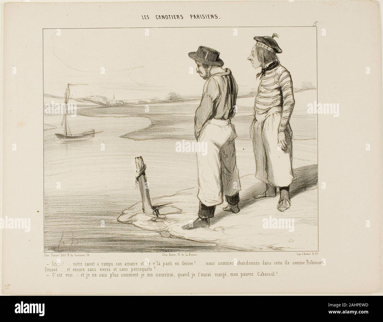 Honoré-Victorin Daumier. "- Notre bateau lâcher l'ancre et a dérivé... nous sommes coincés sur cette île isolée comme Robinson Crusoé... et sans rien à manger et pas de perroquet... - C'est vrai... et je ne sais vraiment pas de quoi manger, une fois que j'ai dévorés toi, pauvre Cabassol !," Planche 5 de : Les Canotiers Parisiens. 1843. La France. Lithographie en noir sur papier vélin ivoire Banque D'Images