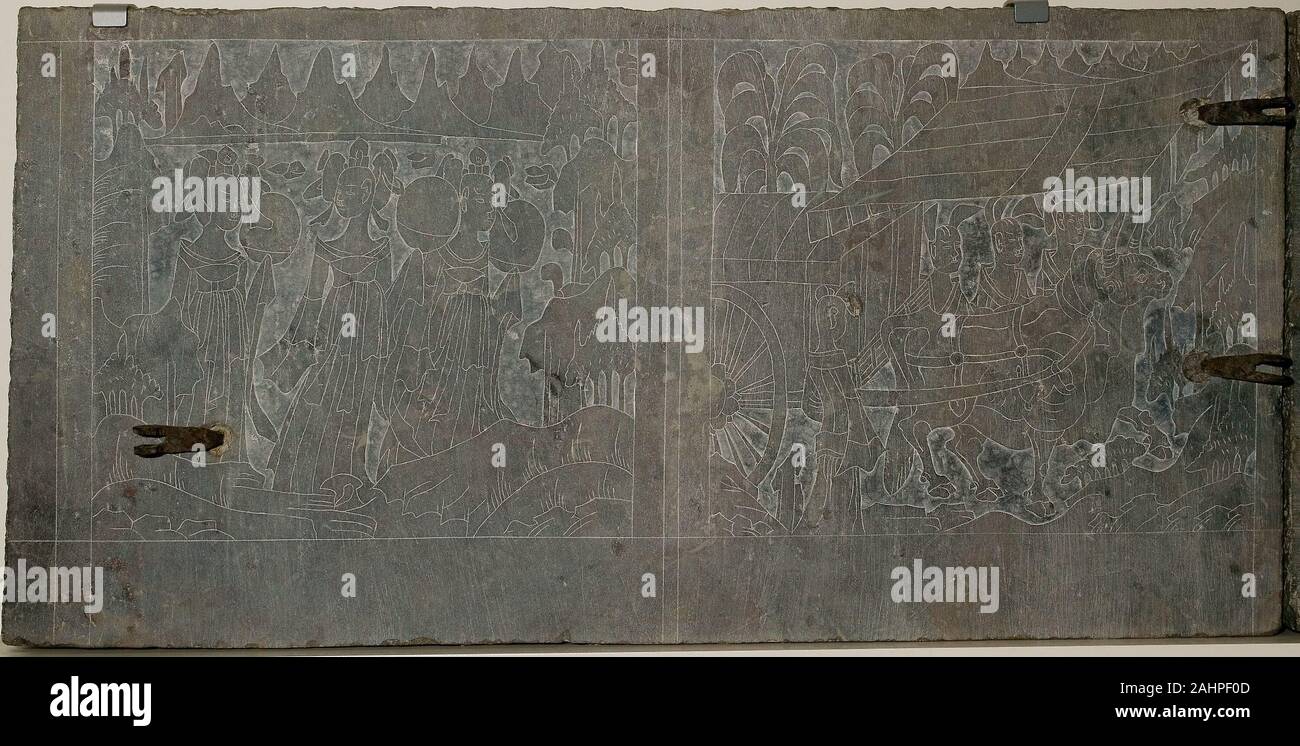 À partir d'un des panneaux de la table funéraire (Guanchuang). AD 520-530 AD. La Chine. Ces panneaux de pierre calcaire ont été assemblées au départ de vous faire le dos et côtés courts d'une plate-forme basse, couchlike qui détenait un cercueil dans une tombe. Cette "table" funéraire a probablement pris en charge, tout l'avant et l'arrière par deux longues dalles de pierre, chaque surélevés sur pieds rectangulaires. Une telle plate-forme cercueil peuvent aussi avoir été partiellement fermé sur le devant par deux pierres sculptés pour ressembler à des tours de la porte, faisant de la table ressemble à l'enceinte d'une villa ou d'une ville.La commande d'origine de l'Art Institute de pierres n'est pas certain. Leur pr Banque D'Images