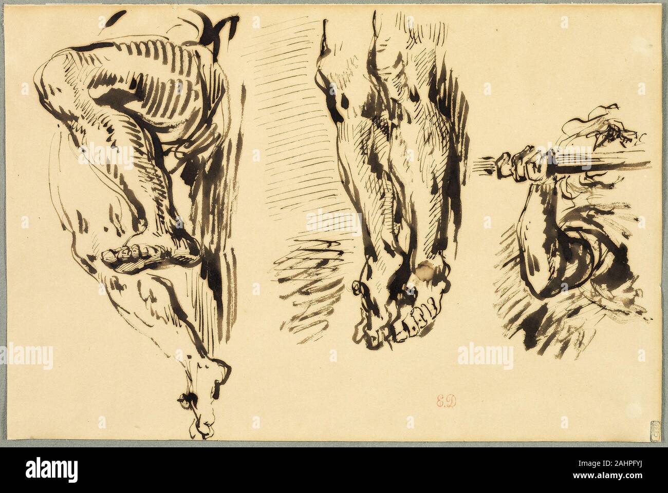 Eugène Delacroix. L'étude des bras et des jambes du Christ crucifié. 1845-1855. La France. Plume et encre sépia sur papier chamois Banque D'Images