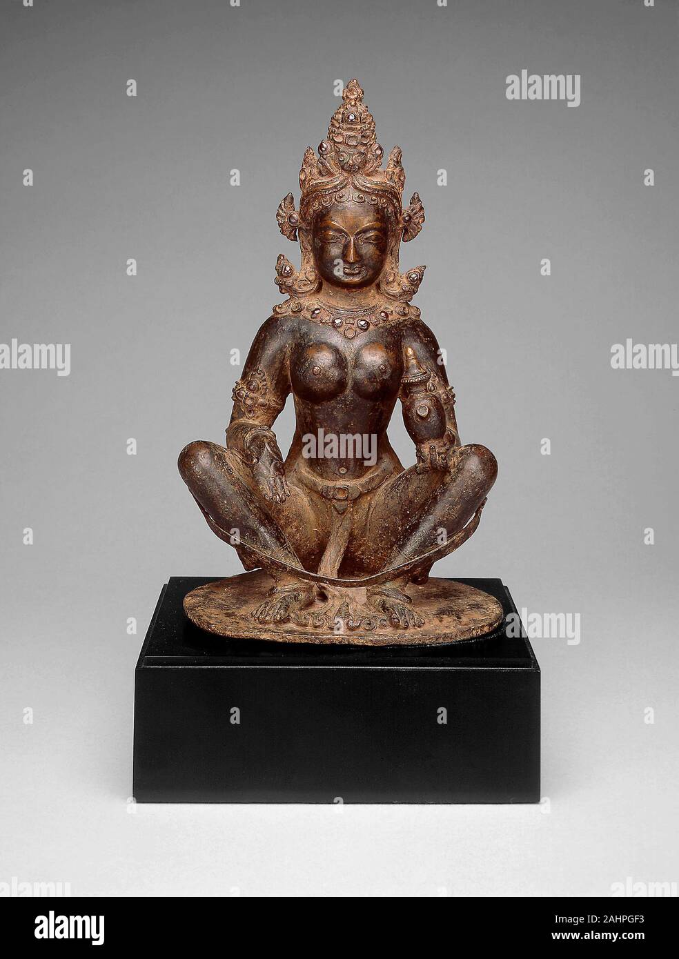 Mother-Goddess Brahmani assis dans la posture du yoga de l'eau Holding Pot. 1201-1300. Le Népal. Cet alliage de cuivre déesse hindoue tantrique fait généralement partie d'un ensemble de sept déesses mères (Brahmani, Vaishnavi, Maheshvari, Indrani, Kaumari, Varahi et Chamunda) appelé matrikas, mais elle est aussi vénéré comme une déesse dans son propre droit. Les matrikas sont la femelle shaktis (alimentation, énergie) des hommes et des dieux, la Shakti est Brahmani du dieu créateur Brahma. Comme Brahma, il est généralement représenté avec quatre têtes (avec le quatrième compris pour être à l'arrière), symbole de l'omniscience, le scr sacré quatre Banque D'Images
