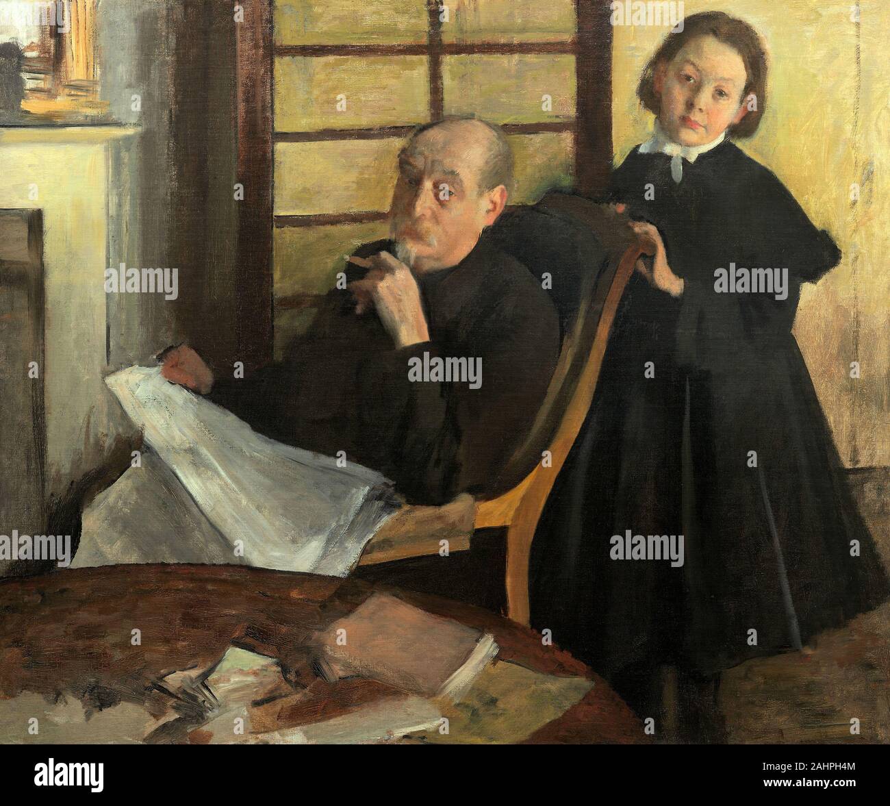 Hilaire Germain Edgar Degas. Henri Degas et sa nièce Lucie Degas (l'Oncle et Le Cousin de l'artiste). 1875-1876. La France. Huile sur toile Edgar Degas était le plus subtil portrait peintre dans le groupe impressionniste. Ses portraits, la plupart des membres de la famille et amis proches, ont été exécutés principalement dans la période allant de la fin des années 1850 à travers les années 1870. Au cours de fréquentes visites à Florence et Naples, Degas a enregistré ses parents italien avec une grande franchise. Sur l'un de ses derniers voyages à Naples, dans le milieu des années 1870, Degas a peint ce double portrait de sa cousine orpheline, Lucie, et leur oncle Henri, en Banque D'Images