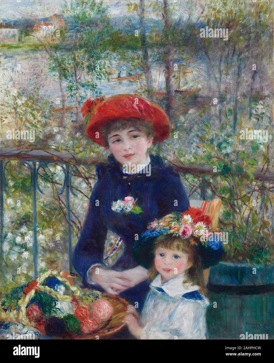 Pierre-Auguste Renoir. Deux Sœurs (sur la terrasse). 1881. La France. Huile sur toile "Il aime tout ce qui est joyeux, brillant, et réconfortant dans la vie", un intervieweur anonyme a écrit à propos de Pierre-Auguste Renoir. Cela peut expliquer pourquoi les deux Sœurs (sur la terrasse) est l'un des plus populaires de peintures à l'Art Institute. Renoir dépeint ici le rayonnement de jolies jeunes femmes à une chaude et belle journée. La fille plus âgée, portant la femelle bleu du plaisancier ?annel, est posé au centre de la toile de fond du paysage évocateur Chatou, une ville de banlieue où l'artiste a passé la majeure partie de l'printemps Banque D'Images