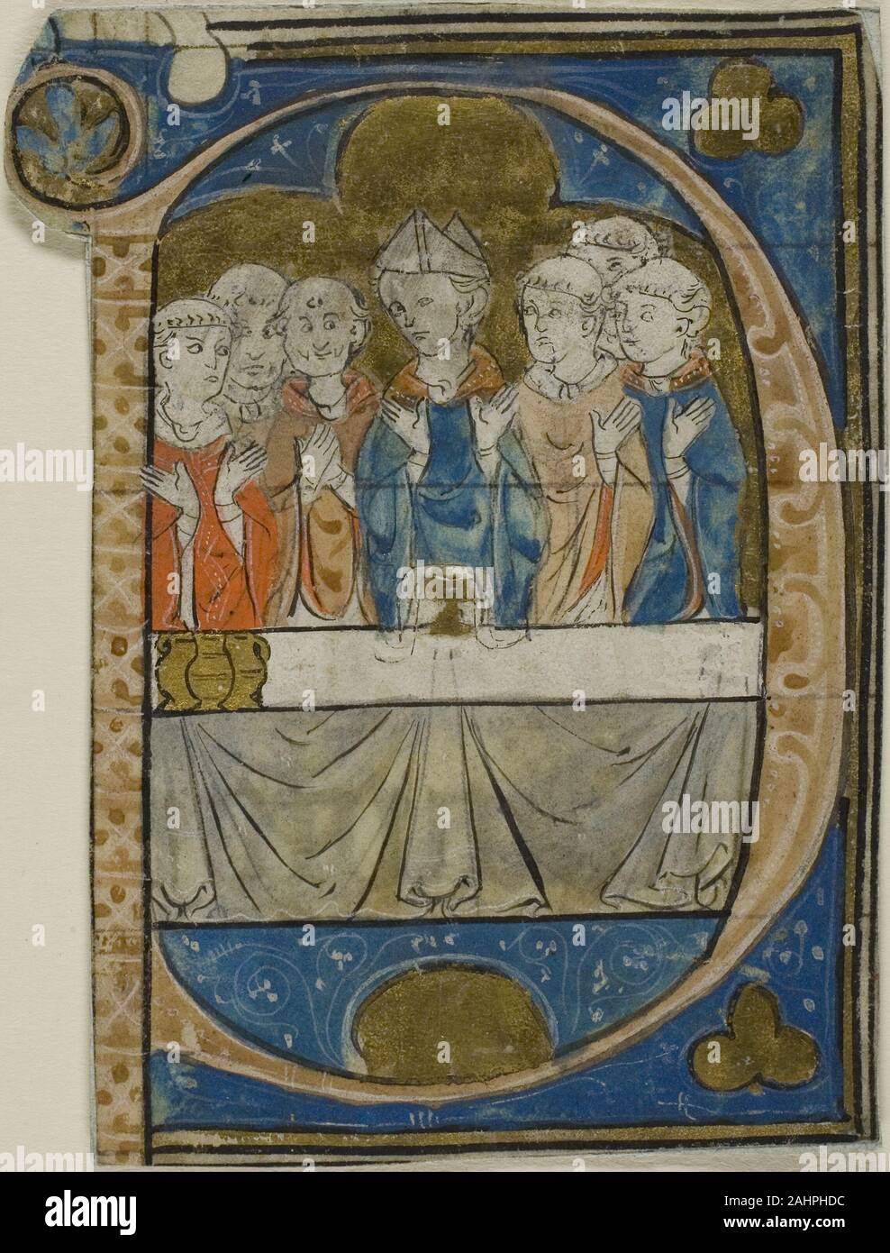 Maître Honoré. L'évêque à la messe dans une initiale historiée P d'un choeur. 1290-1310. La France. Manuscrit de la coupe dans la tempera et feuille d'or, avec des inscriptions en latin en gothic book part, verso, à l'encre noire, sur papier parchemin Banque D'Images Maître Honoré. L'évêque à la messe dans une initiale historiée P d'un choeur. 1290-1310. La France. Manuscrit de la coupe dans la tempera et feuille d'or, avec des inscriptions en latin en gothic book part, verso, à l'encre noire, sur papier parchemin Banque D'Images