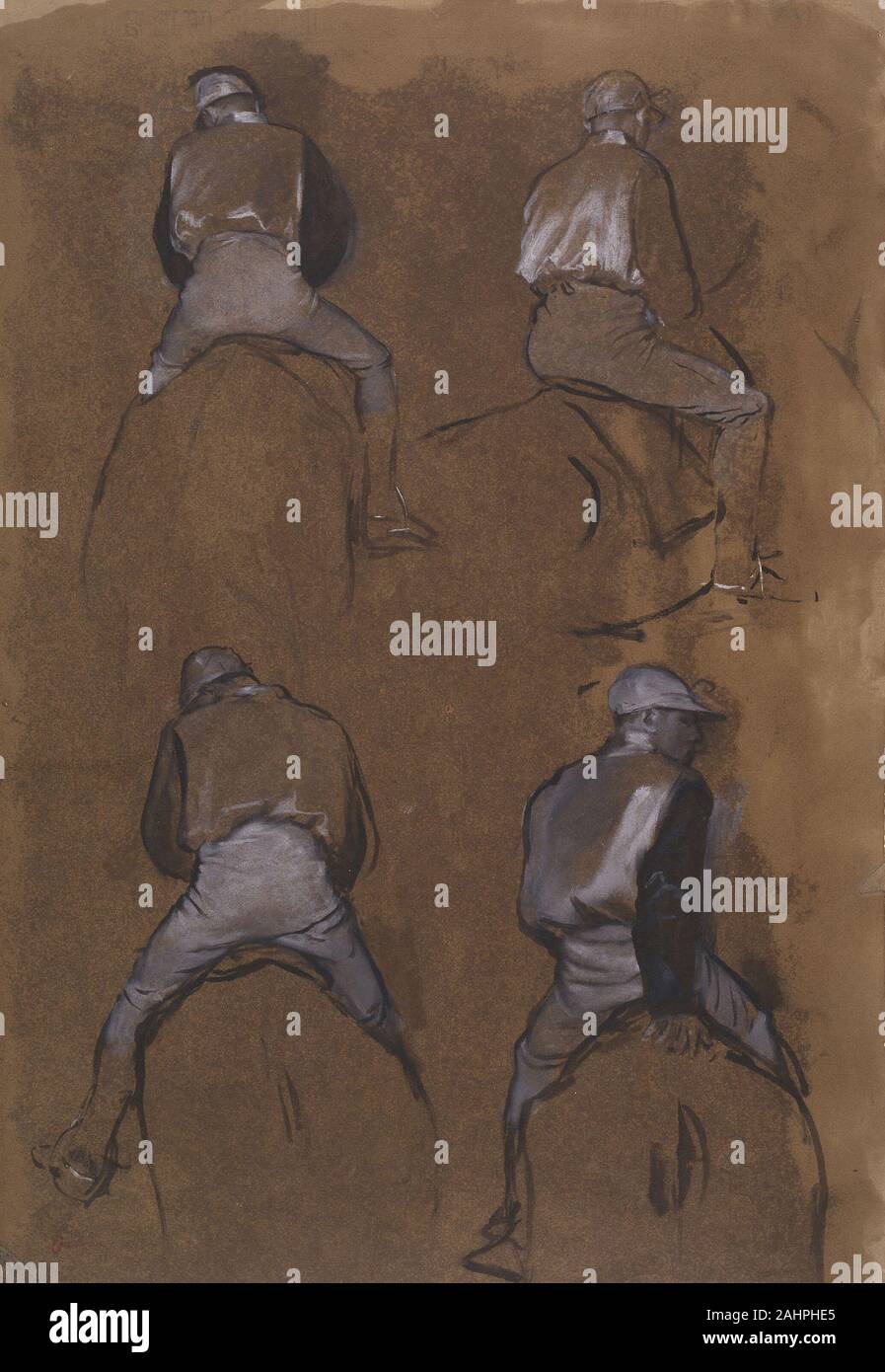 Hilaire Germain Edgar Degas. Quatre études d'un jockey. 1866. La France. Badigeonner avec de l'encre noire, de la peinture à l'huile, gouache blanche et, sur vélin beige brun décoloré avec essence, fixées sur la crème mis à bord Banque D'Images