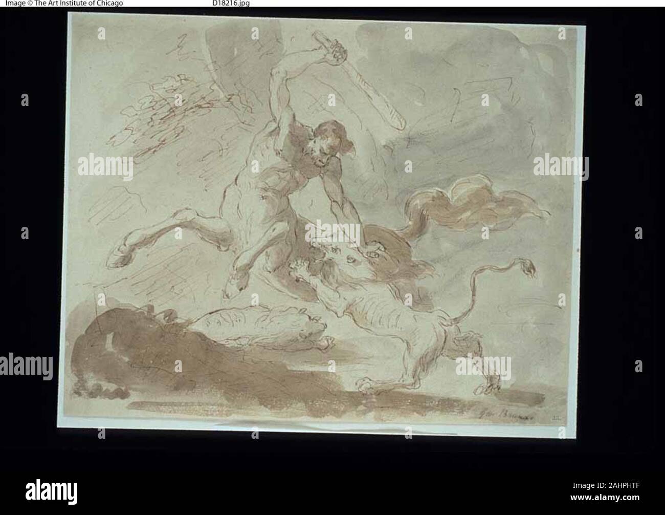 Giacinto Brandi. Combats Centaur avec Lion. De 1600 à 1699. L'Italie. Plume et encre brune, avec brosse de lavage et noir et brun, sur vélin crème Banque D'Images