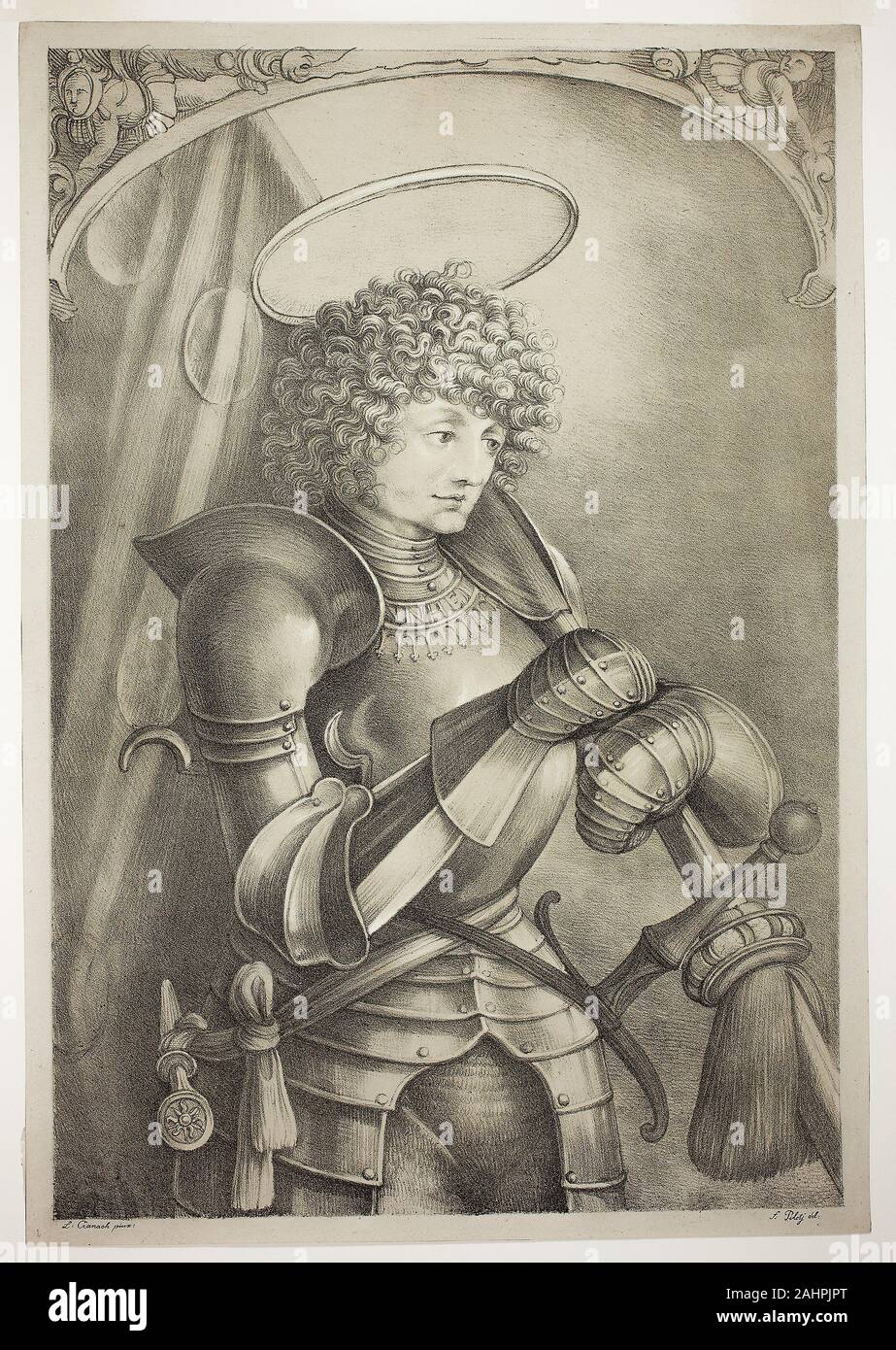 Ferdinand Piloty. Saint Georges en armure. 1805-1844. L'Allemagne. Lithographie couleur sur vélin crème l'artiste romantique Allemand Ferdinand Piloty regarda Lucas Cranach du xvie siècle gravure sur bois de la Saint George comme inspiration pour cette lithographie. Il n'a pas copié le saint directement, lui montrant inversée, à trois-quarts, et dans un espace moins profondes. Pourtant, l'effet de halo de l'éclairage, George's Glorious Hair, et le reflet de l'implicite des armures complexes laissent peu de doute quant à la nature de la Sainte Croix de chevalier de la course. Piloty et ses collègues Johann Strixner et Alois Senefelder d Banque D'Images