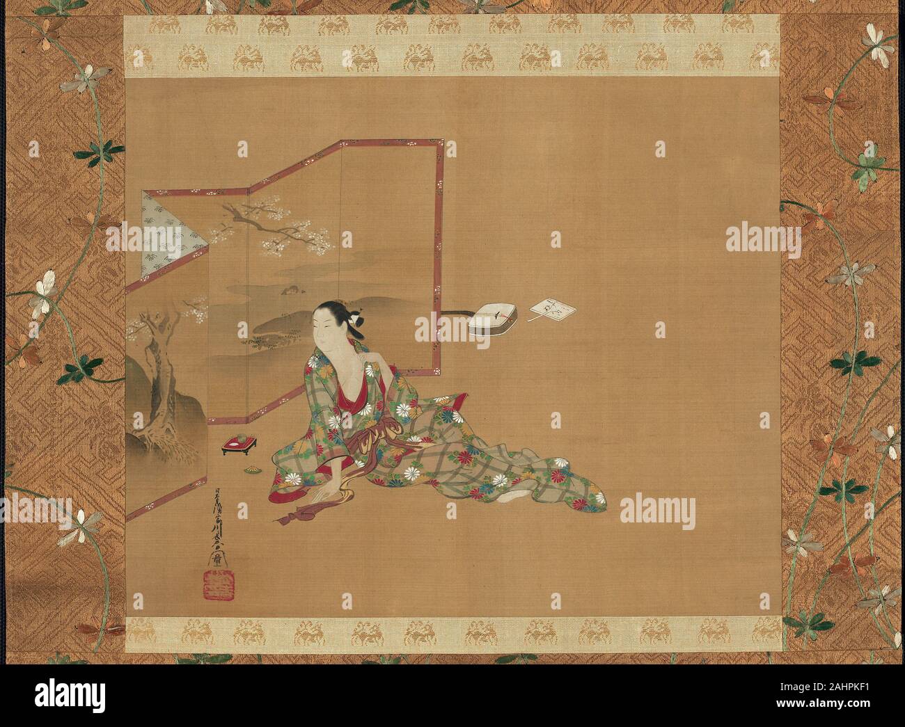 Chôshun Miyagawa. Une beauté derrière un écran. 1745-1755. Le Japon. Défilement pendaison ; l'encre et couleurs sur soie Banque D'Images