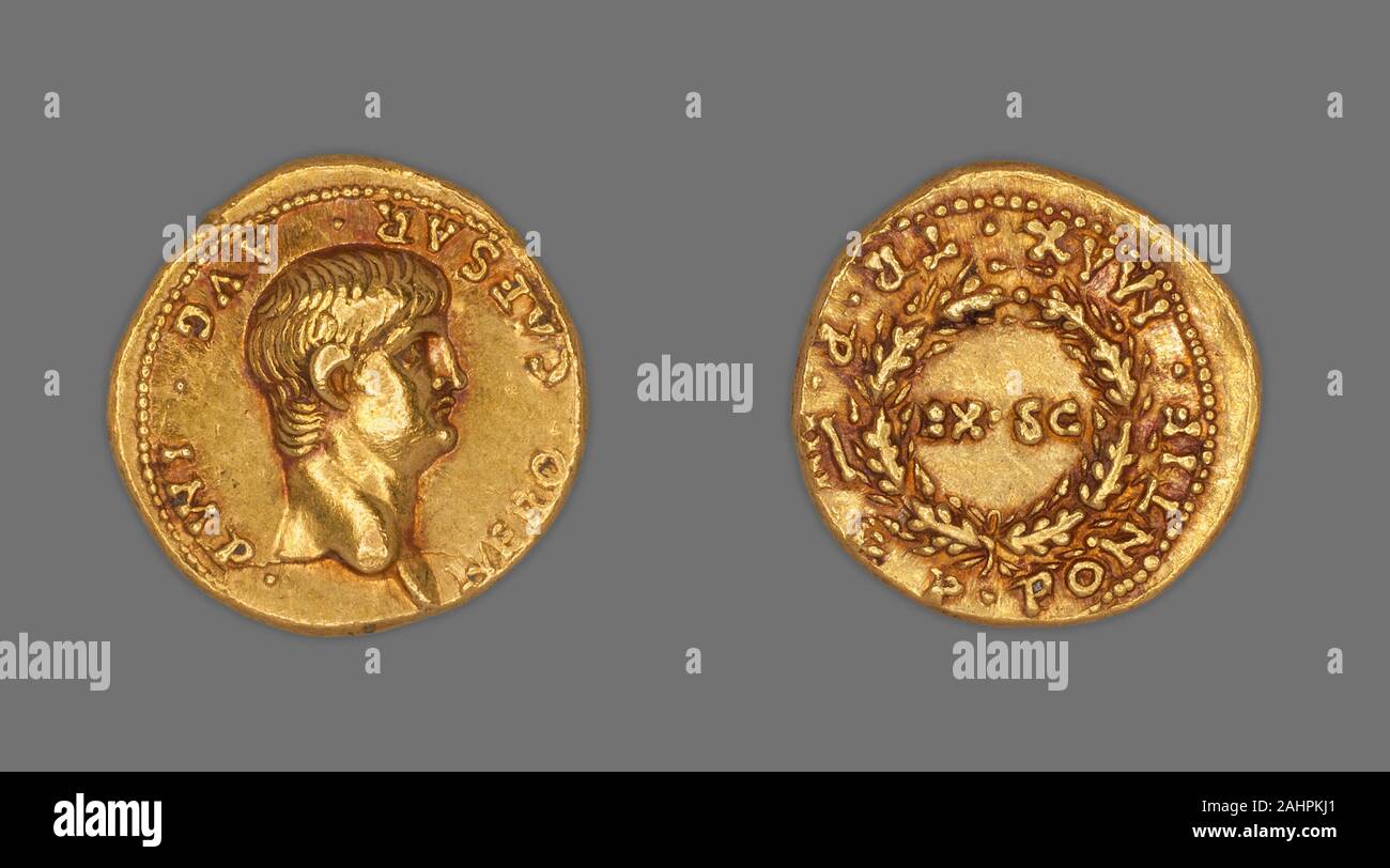 Ancienne cité romaine. Aureus (Coin) représentant l'empereur Néron. 57 58 AD-AD. Rome. Avers d'or Chef de Nero droit, bareReverse couronne de chêne avec l'inscription EX. SC Banque D'Images