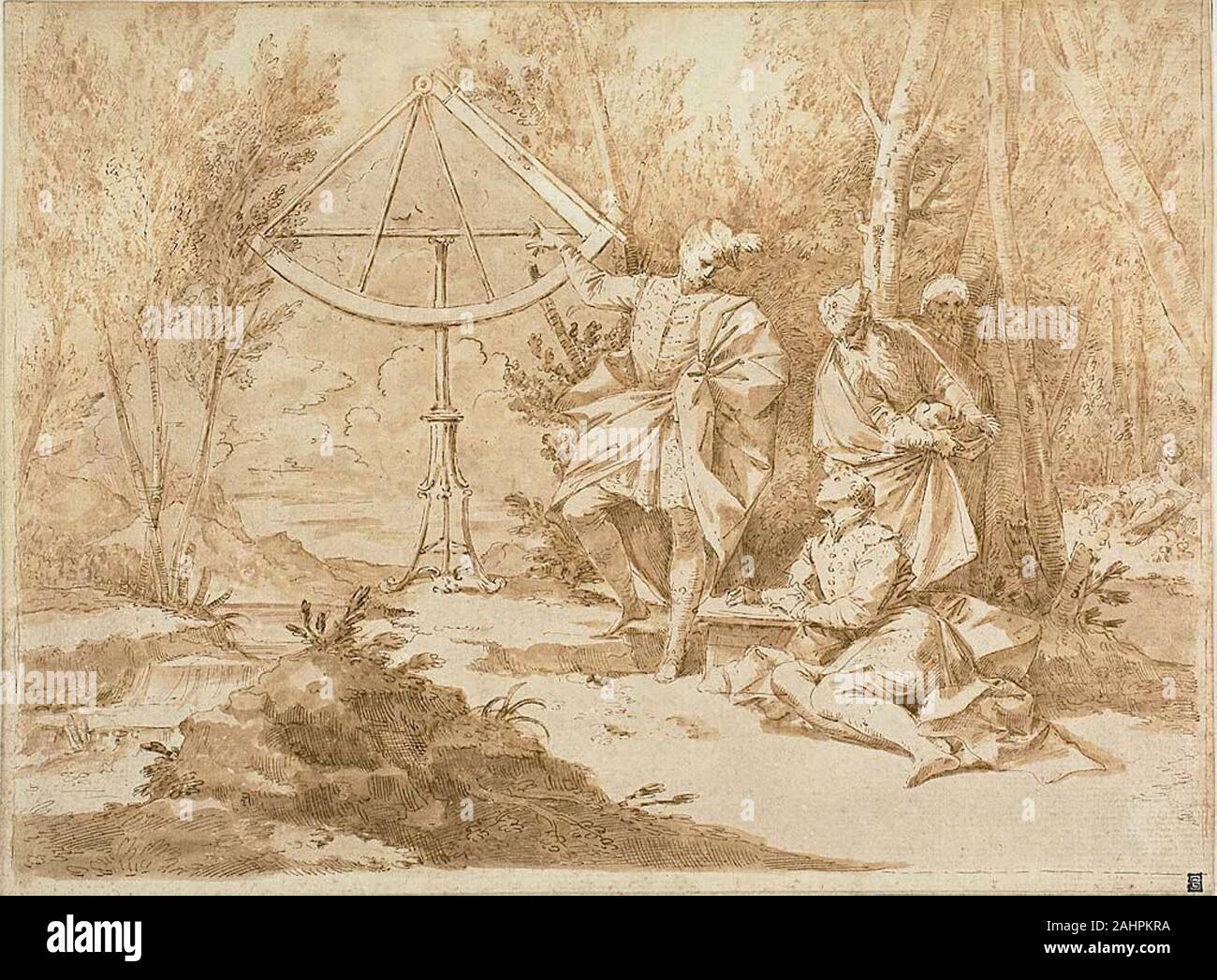 Donato Creti. Les astronomes. 1701-1749. L'Italie. Plume et encre brune, à l'aide d'un pinceau et lavis, sur papier vergé chamois Banque D'Images