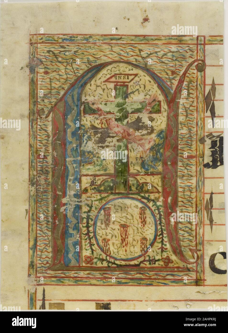 Initiale historiée N avec Crucifix à partir d'un manuscrit. 1300-1500. L'Europe. Manuscrit de la coupe dans la tempera, encres de couleur, et de l'argent et or de la peinture, avec des inscriptions en latin à l'encre noire brunâtre, a statué en rouge, sur vélin Banque D'Images