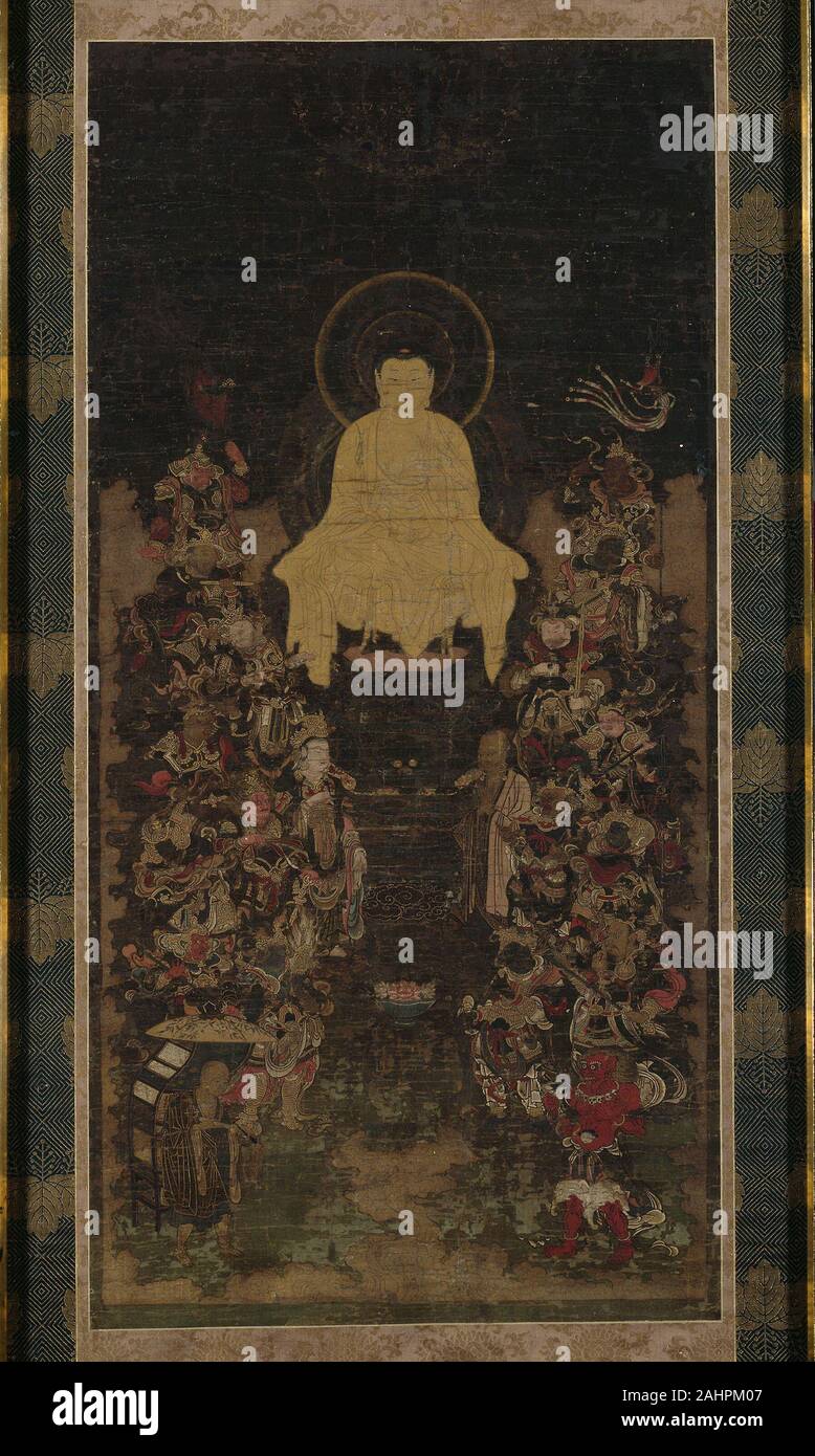 Le Bouddha prêchant la "perfection de la sagesse" (Prajnaparamita Sutra). 1300-1399. Le Japon. Défilement pendaison ; encre, couleurs, et d'or sur soie Banque D'Images
